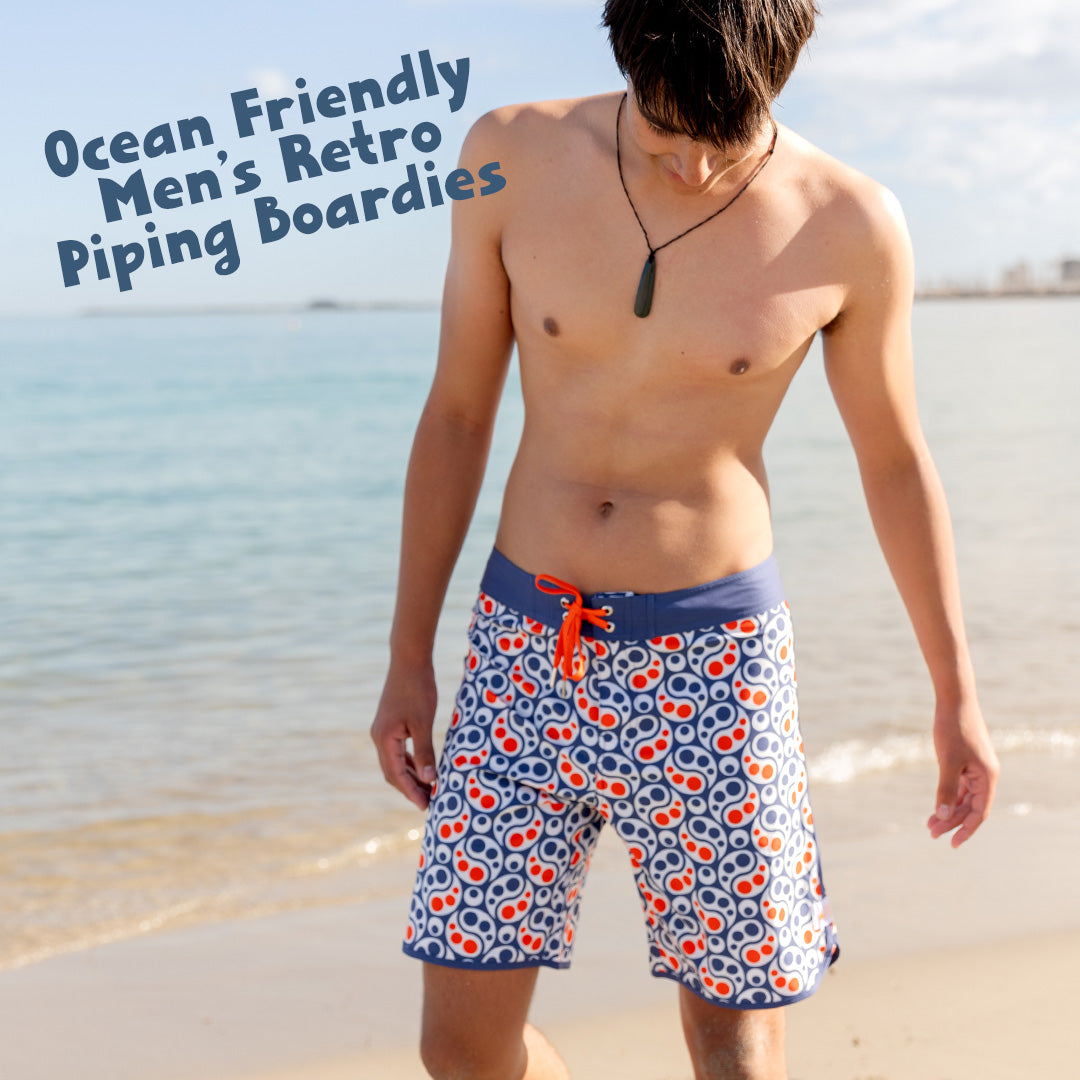 Insta ocean loving retro Piping boardies yin yang made from recycled plastic bottles by south beach boardies