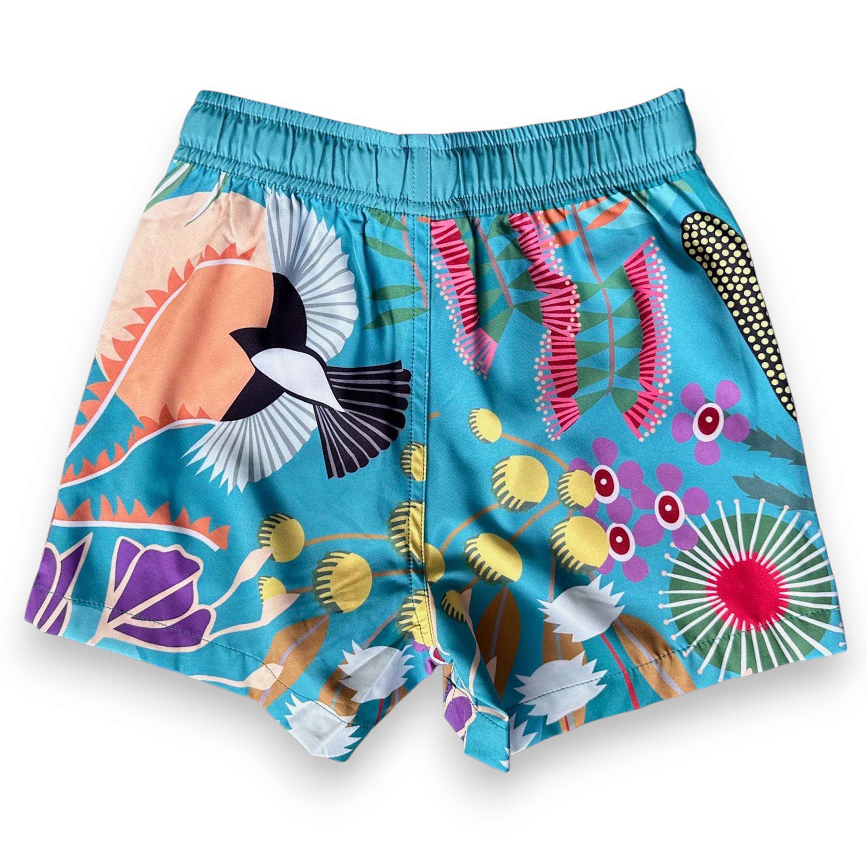 Colourful snd sustainable kids swim shorts with West Australian flora and fauna designs, made from recycled plastic bottles from South Beach Boardies x Helen Ansell, back view