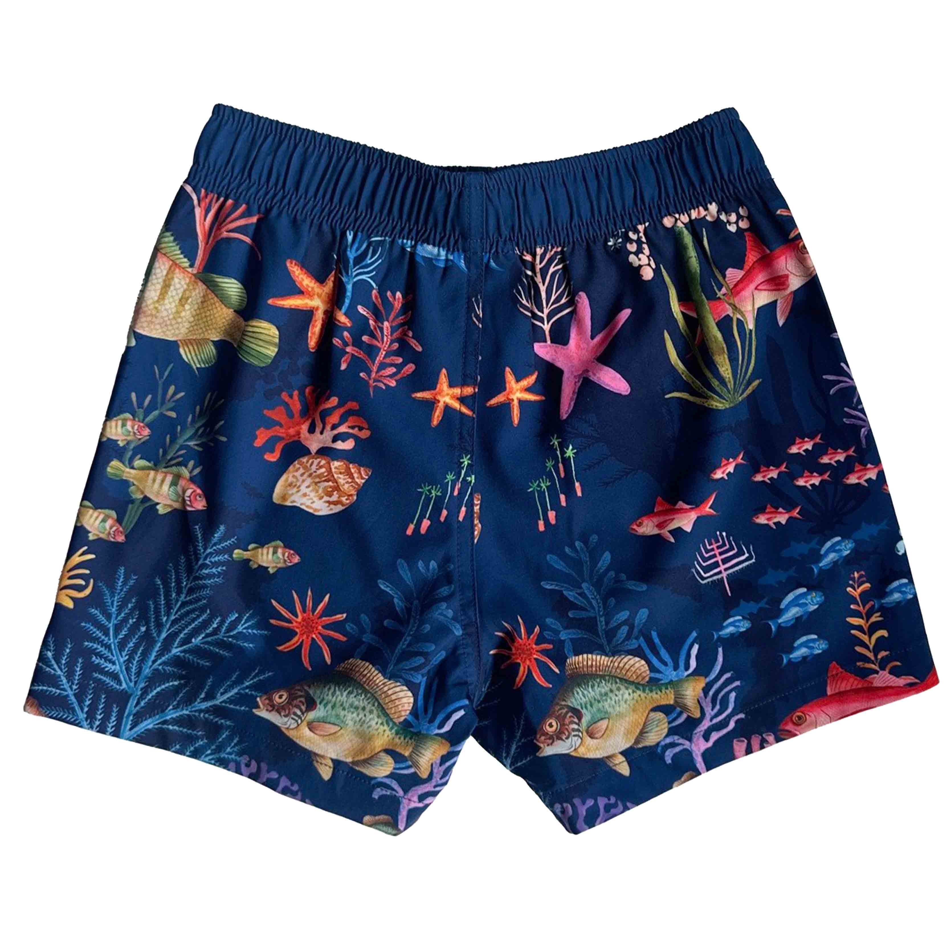 Kids Stretchy Trunks Underwater, made from recycled plastic bottles by South Beach Boardies. Back view