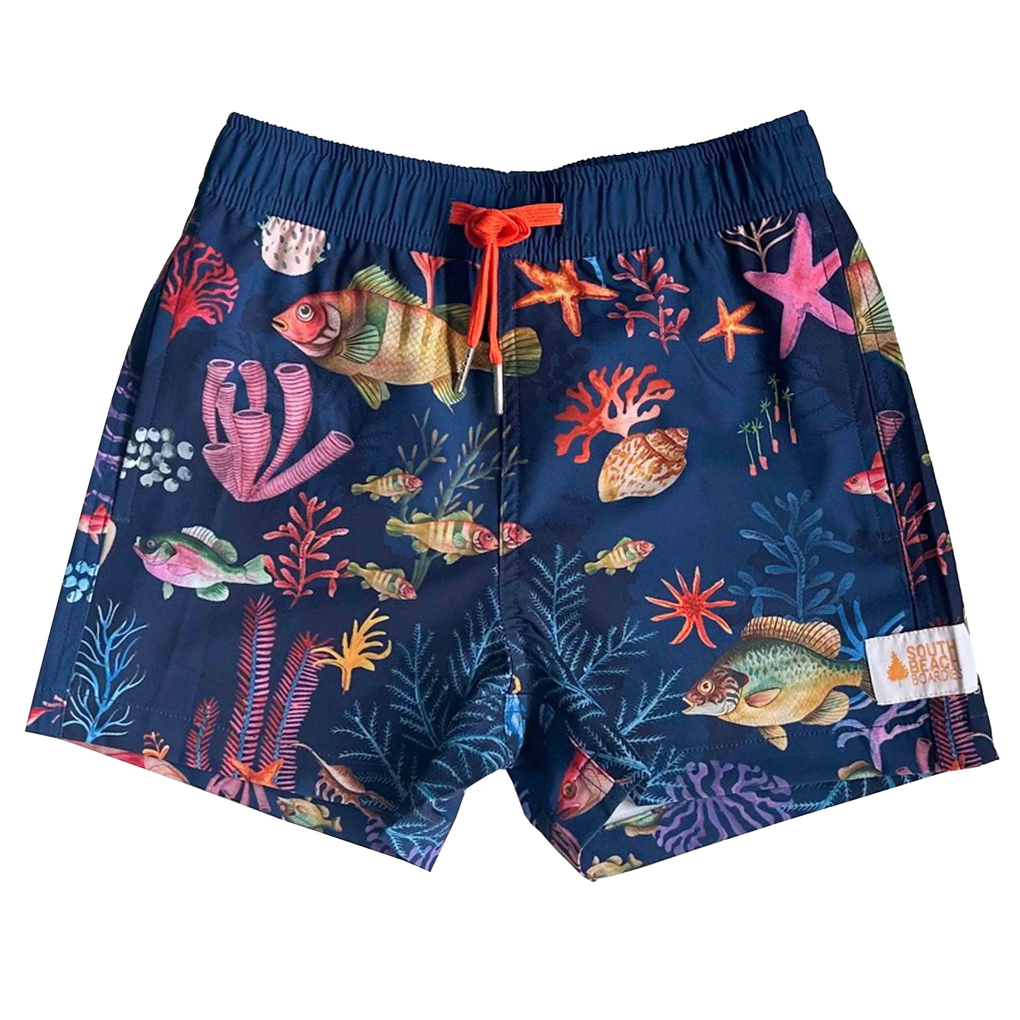 Kids Stretchy Trunks Underwater, made from recycled plastic bottles by South Beach Boardies. front view