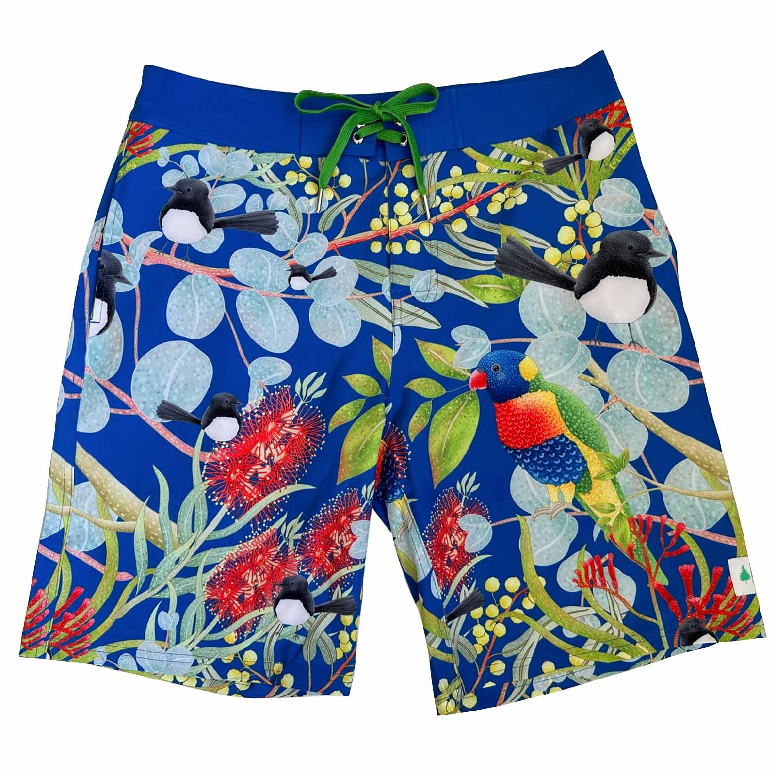 South Beach Boardies Men's Surfer Boardies made by South Beach Boardies from recycled plastic bottles, Djiti Djiti Willy Wagtail front view
