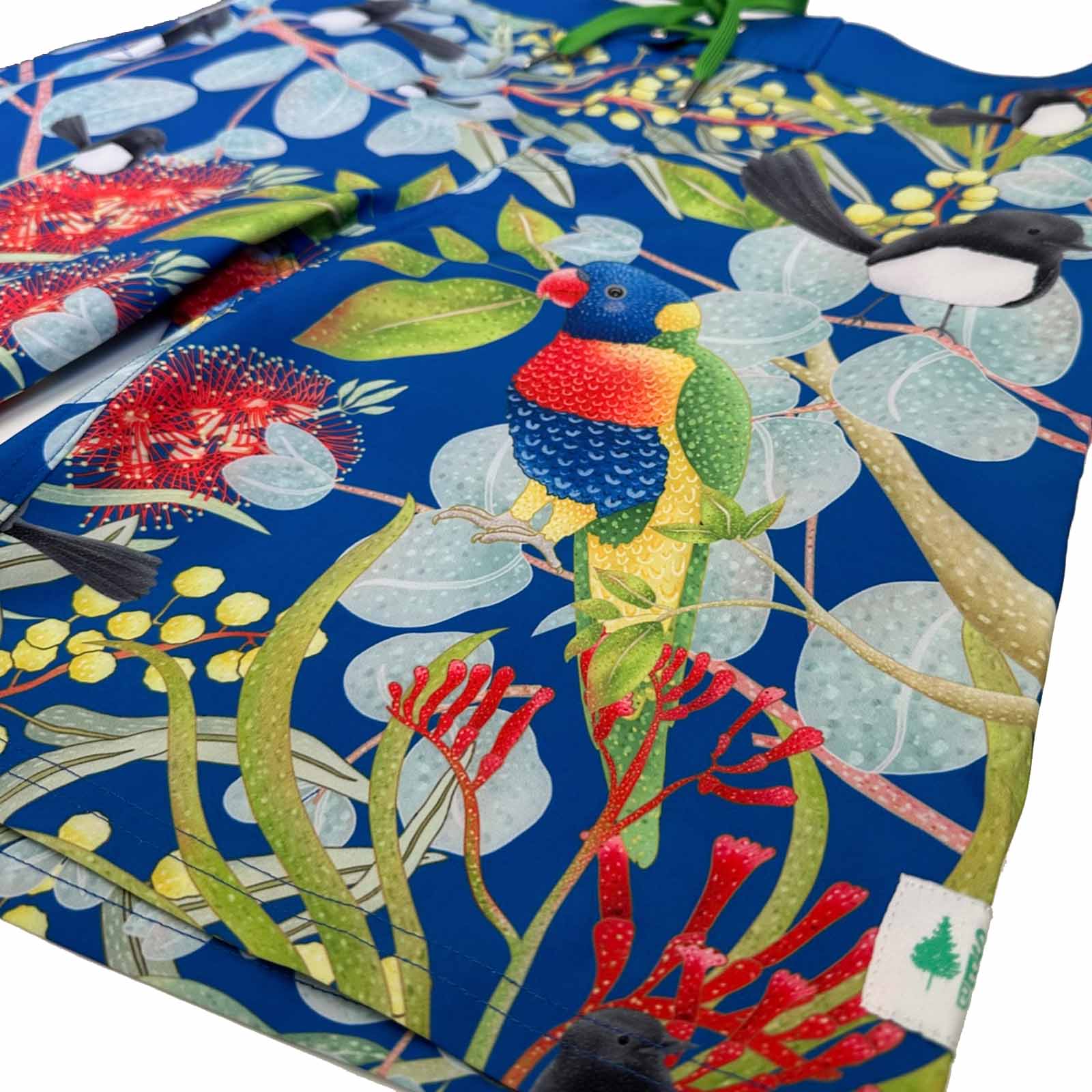South Beach Boardies Men's Surfer Boardies made by South Beach Boardies from recycled plastic bottles, Djiti Djiti Willy Wagtail side angle view