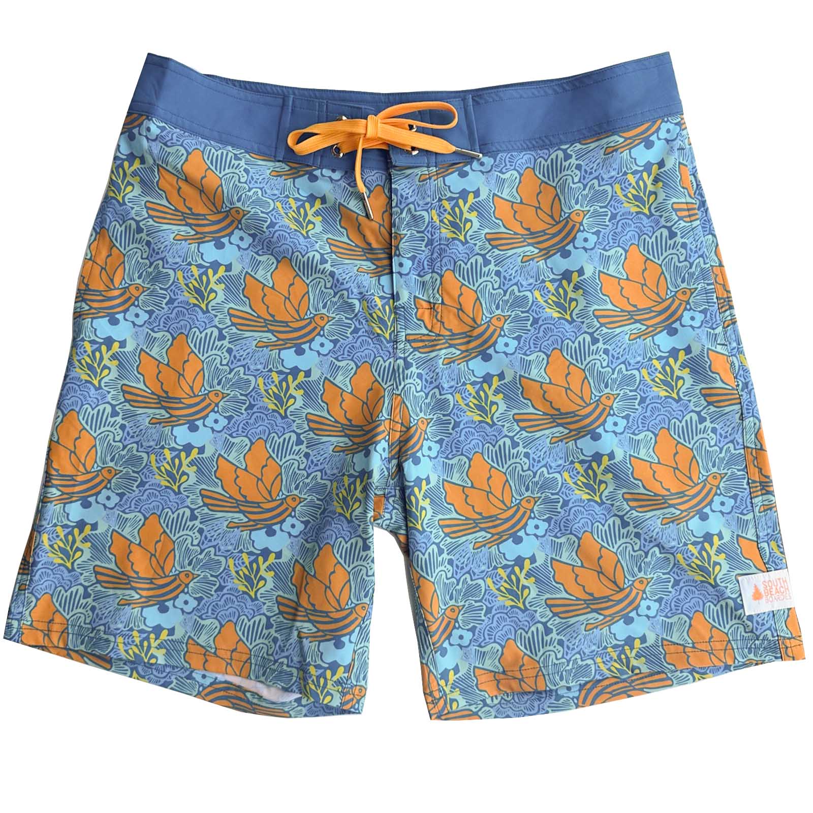 Mens Surfer Boardies from Recycled Plastic Bottles, Nice Bird print front