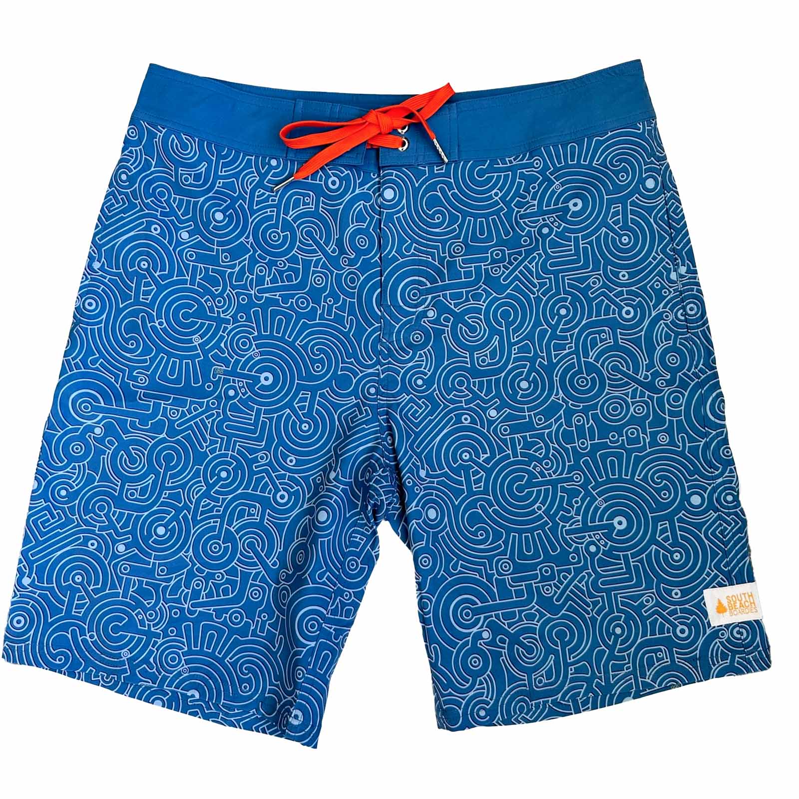 Mens Surfer Boardies from Recycled Plastic Bottles, Cogs print front copy.