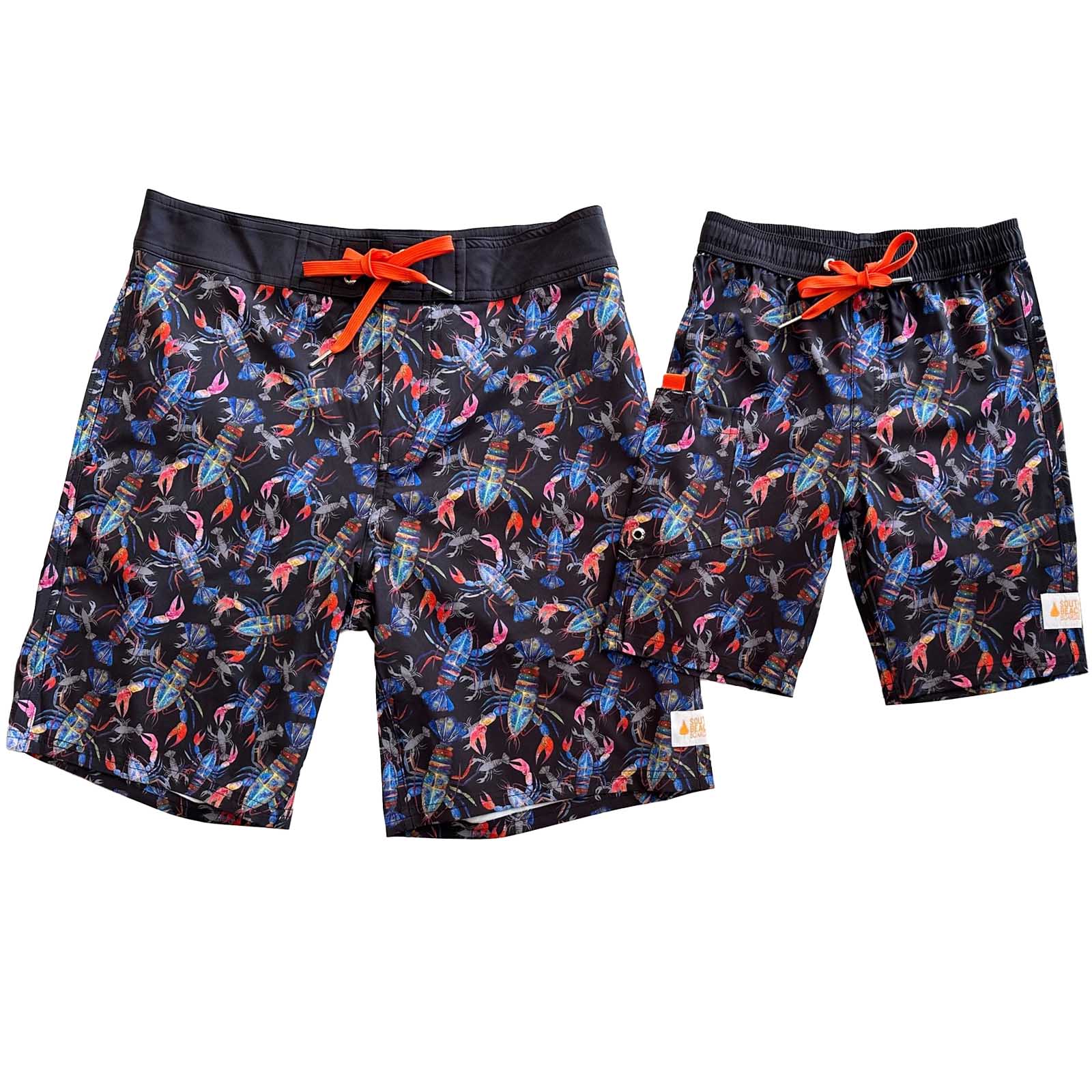 Mens and Kids Matching Surfer Boardies from Recycled Plastic Bottles, Baller football print front copy