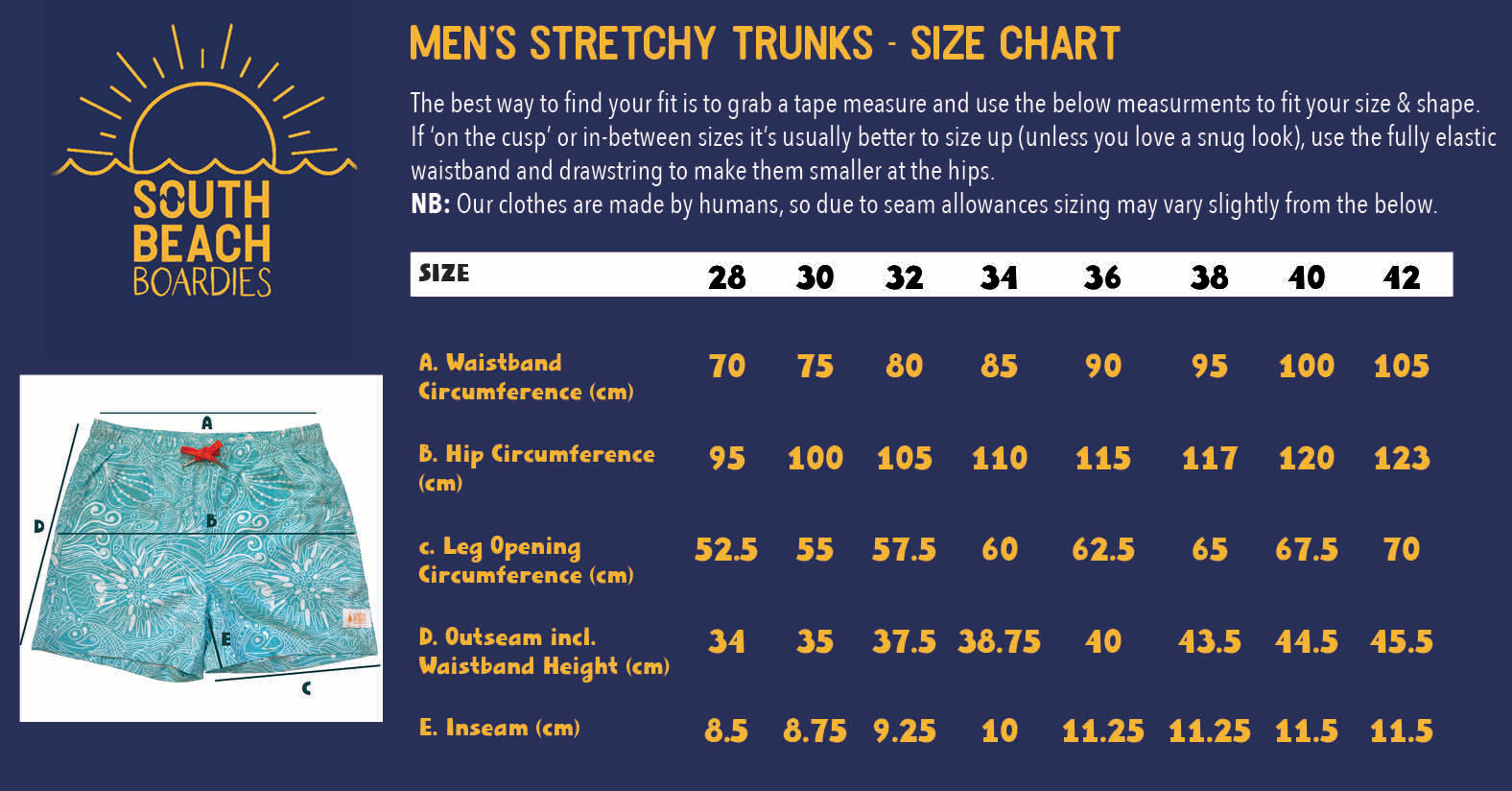 size chart for men's stretchy trunks made from recycled plastic bottles by south beach boardies