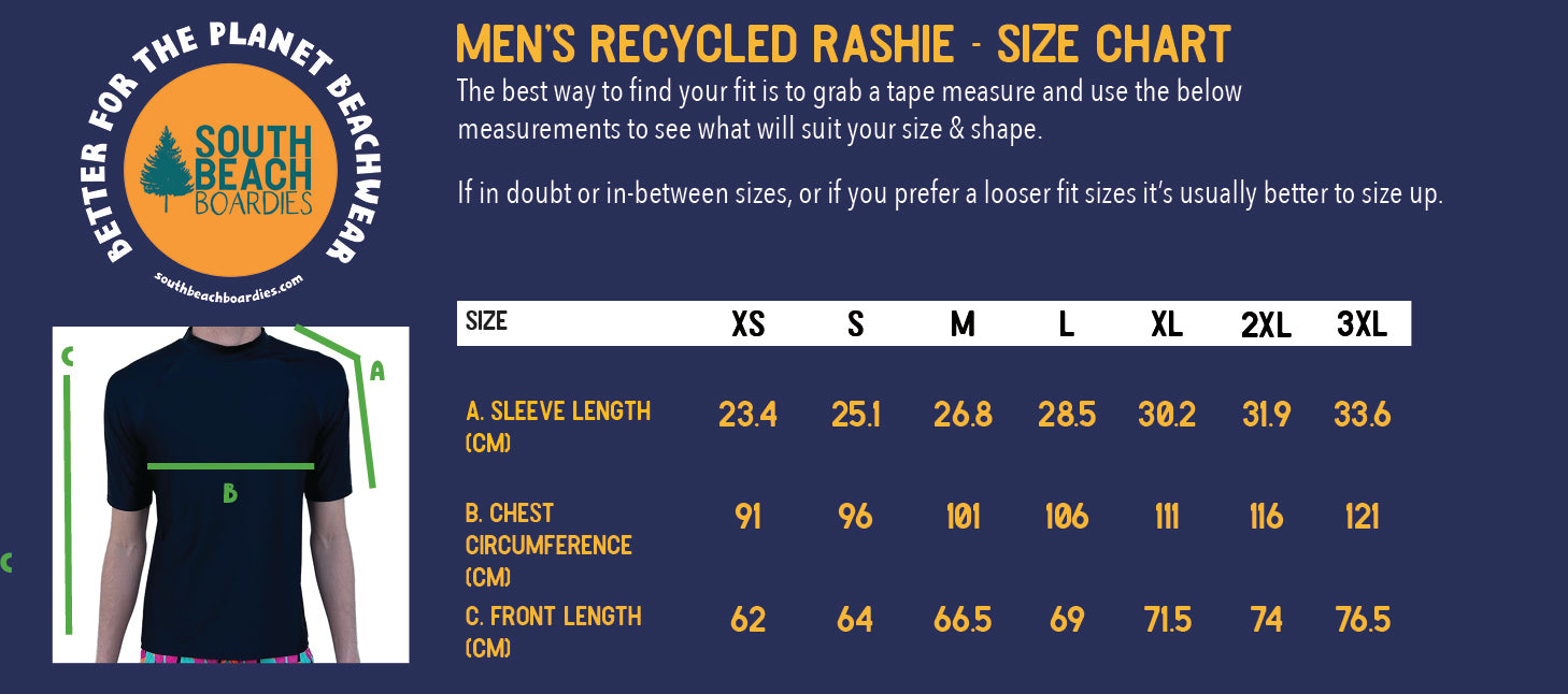 Size chart for South Beach Boardies Men's UPF50+ Recycled Rashie