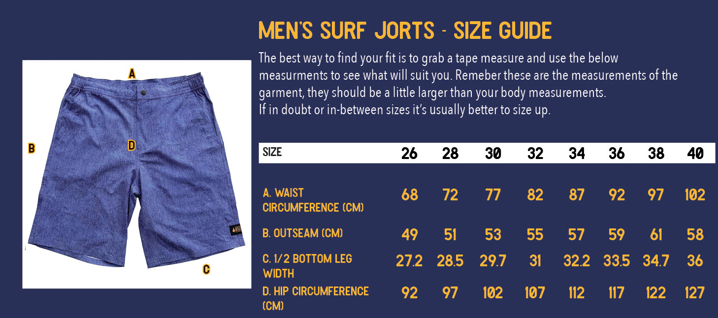 South Beach Boardies Mens Surf Jorts Mid Blue denim made from recycled plastic bottles SIZE CHART