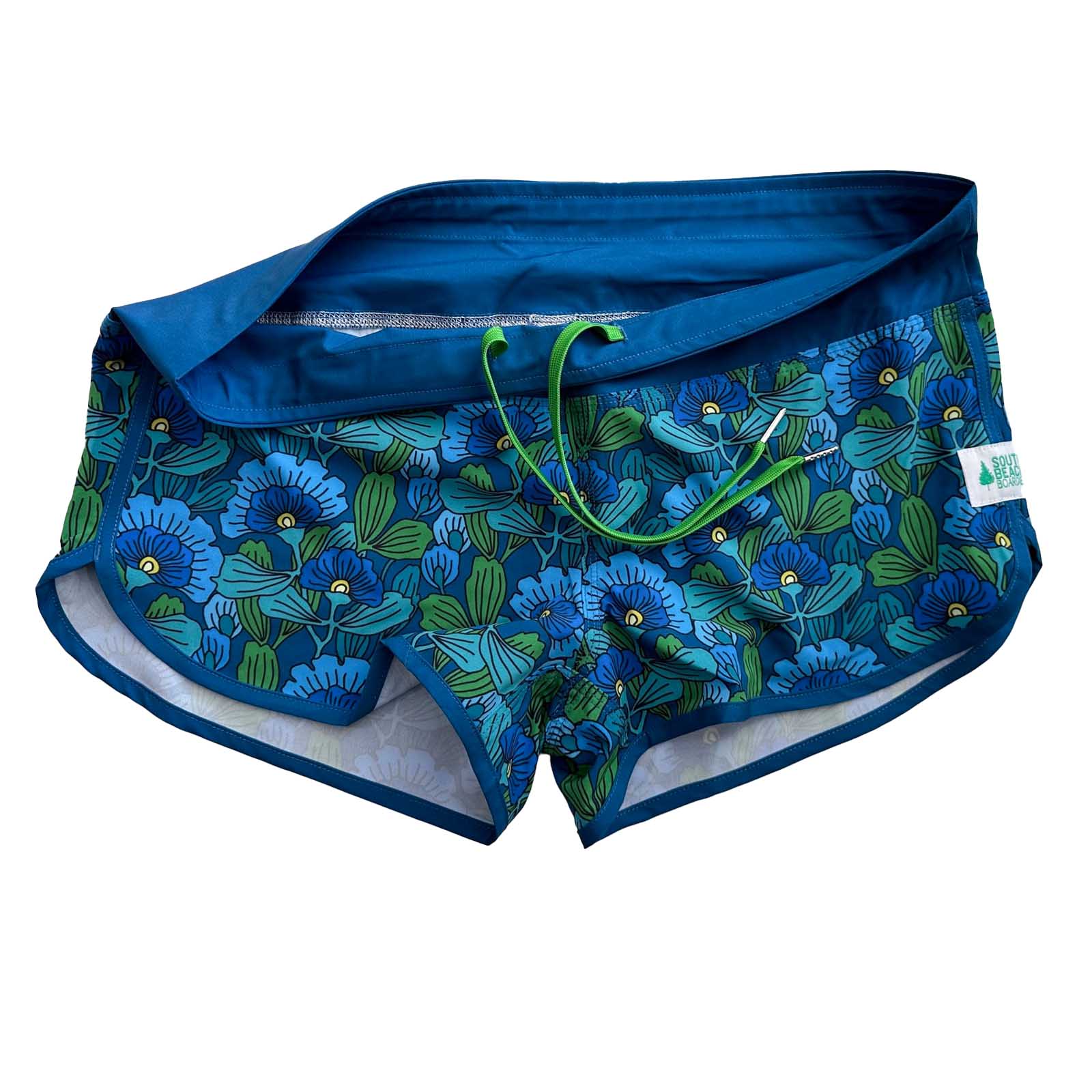 South Beach Boardies Cute butt Boardies in Blue Flowers, made from recycled plastic bottles, drawstring view
