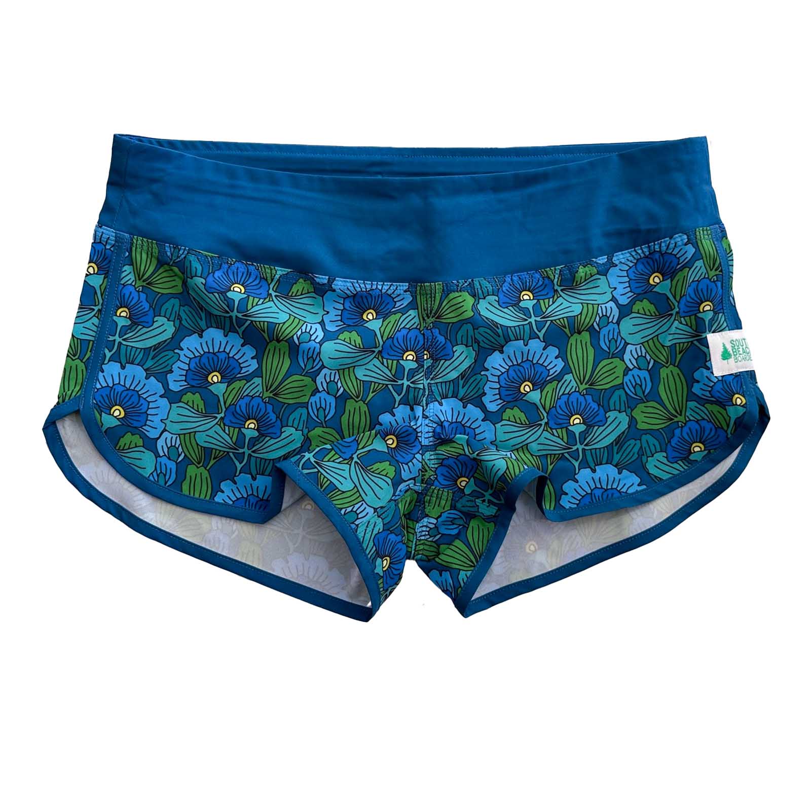 South Beach Boardies Cute butt Boardies in Blue Flowers, made from recycled plastic bottles, front view