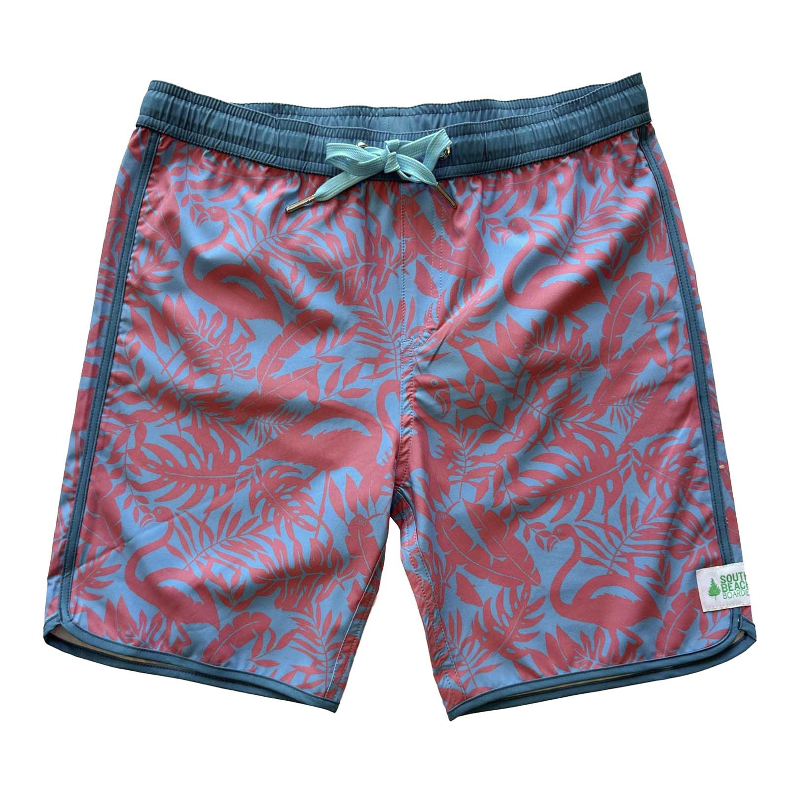 South Beach Boardies Kids Piping Board Shorts in Flamingo print made from recycled plastic bottles, front view