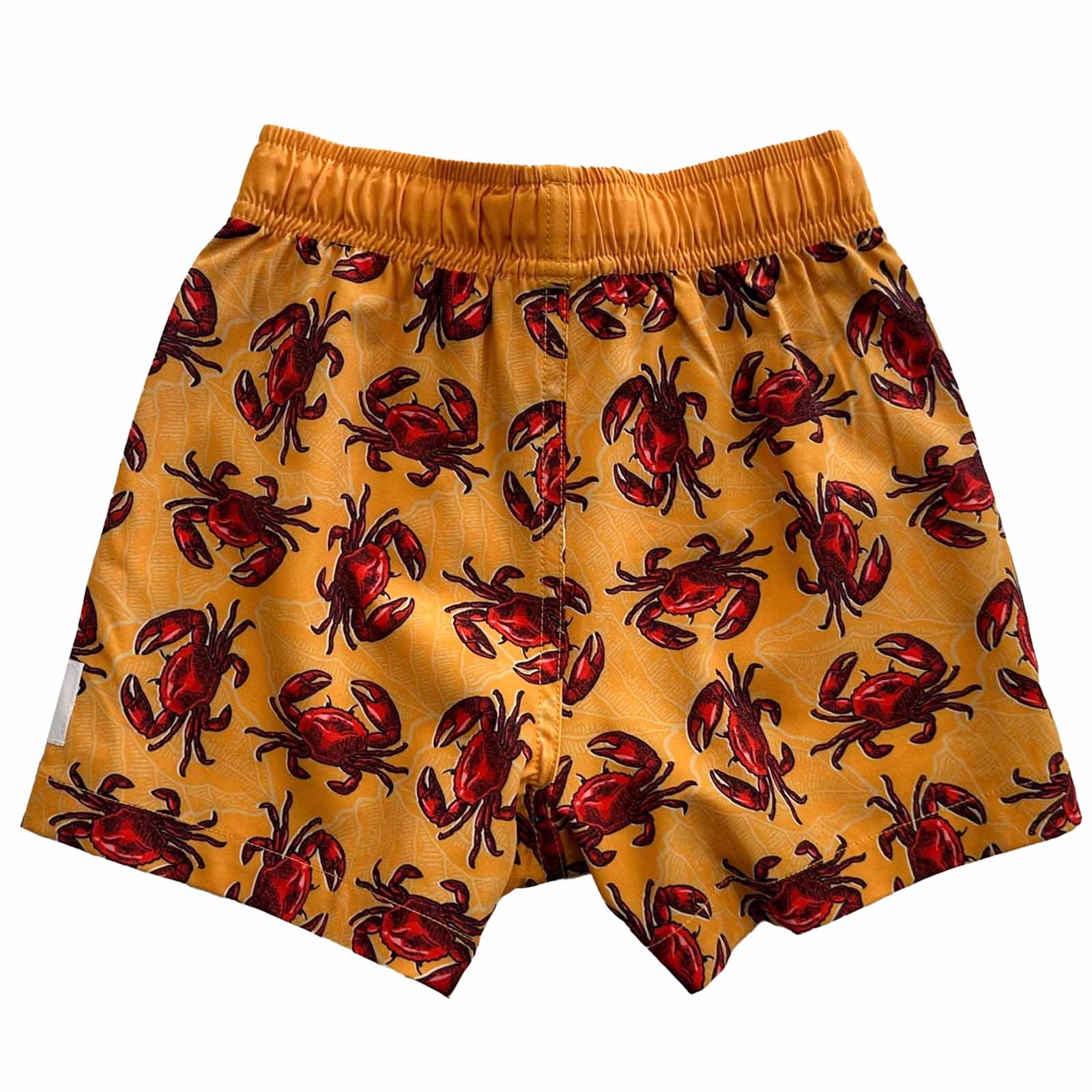 South Beach Boardies Kids Stretchy Trunks made from recycled plastic bottles, Crabs print, back view.
