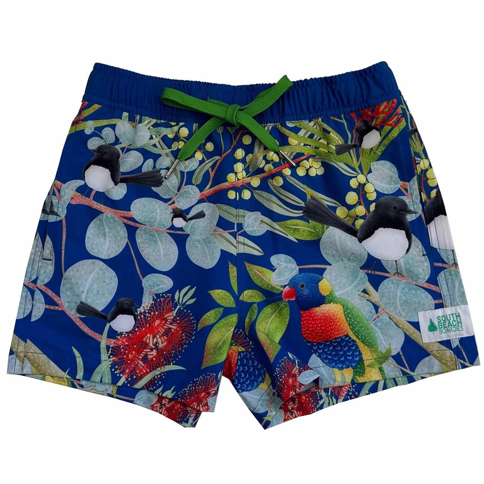 South Beach Boardies Kids Stretchy Trunks made from recycled plastic bottles, Djiti Djiti Willy Wagtail print, front copy
