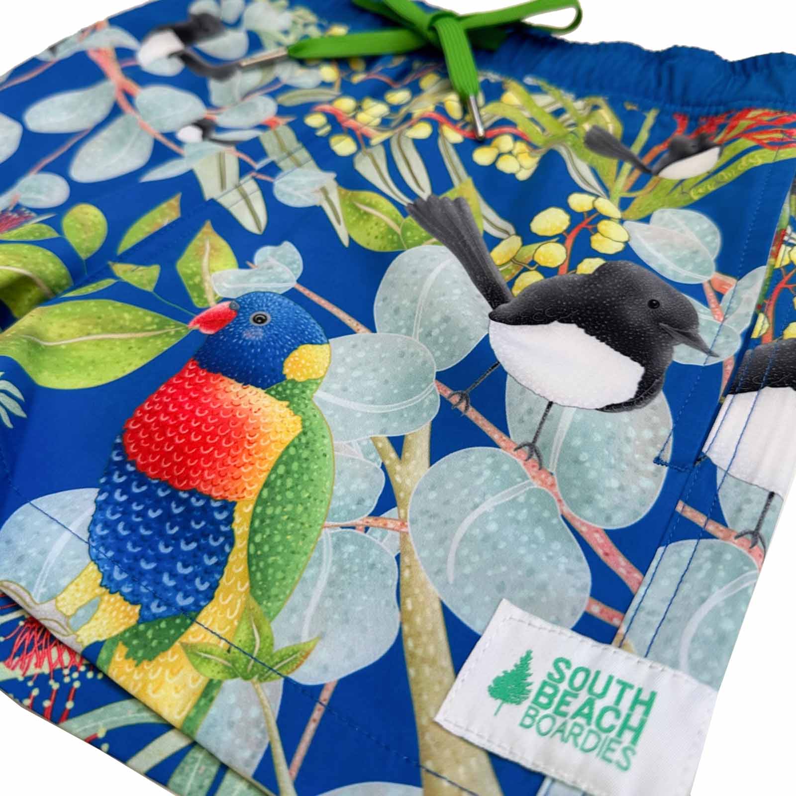 South Beach Boardies Kids Stretchy Trunks made from recycled plastic bottles, Djiti Djiti Willy Wagtail print, front copy