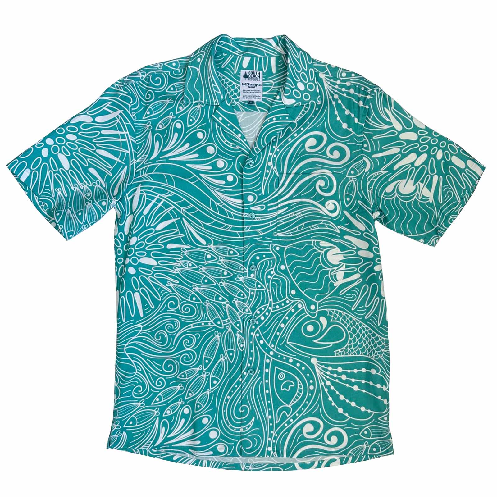 South Beach Boardies Men's Cubano Shirt made from Eucalyptus Tencel in Sea Urchin print, back view