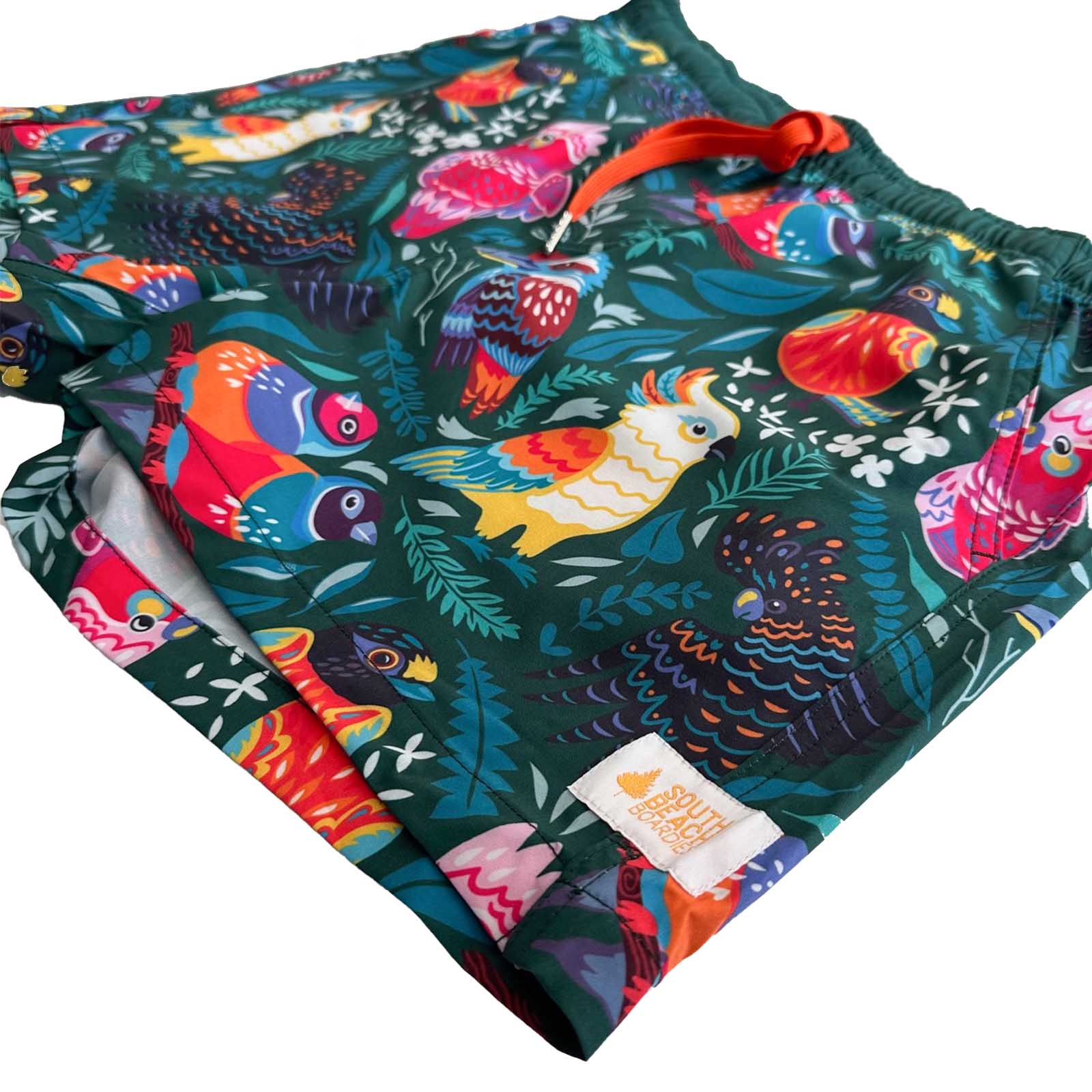 South Beach Boardies Men's Stretchy Trunks made from recycled plastic bottles, Aussie Birds side legview