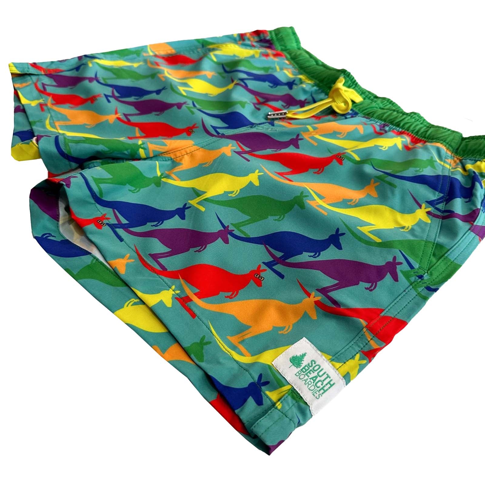 South Beach Boardies Men's Stretchy Trunks made from recycled plastic bottles, Aussie Pride Kangaroo side leg view