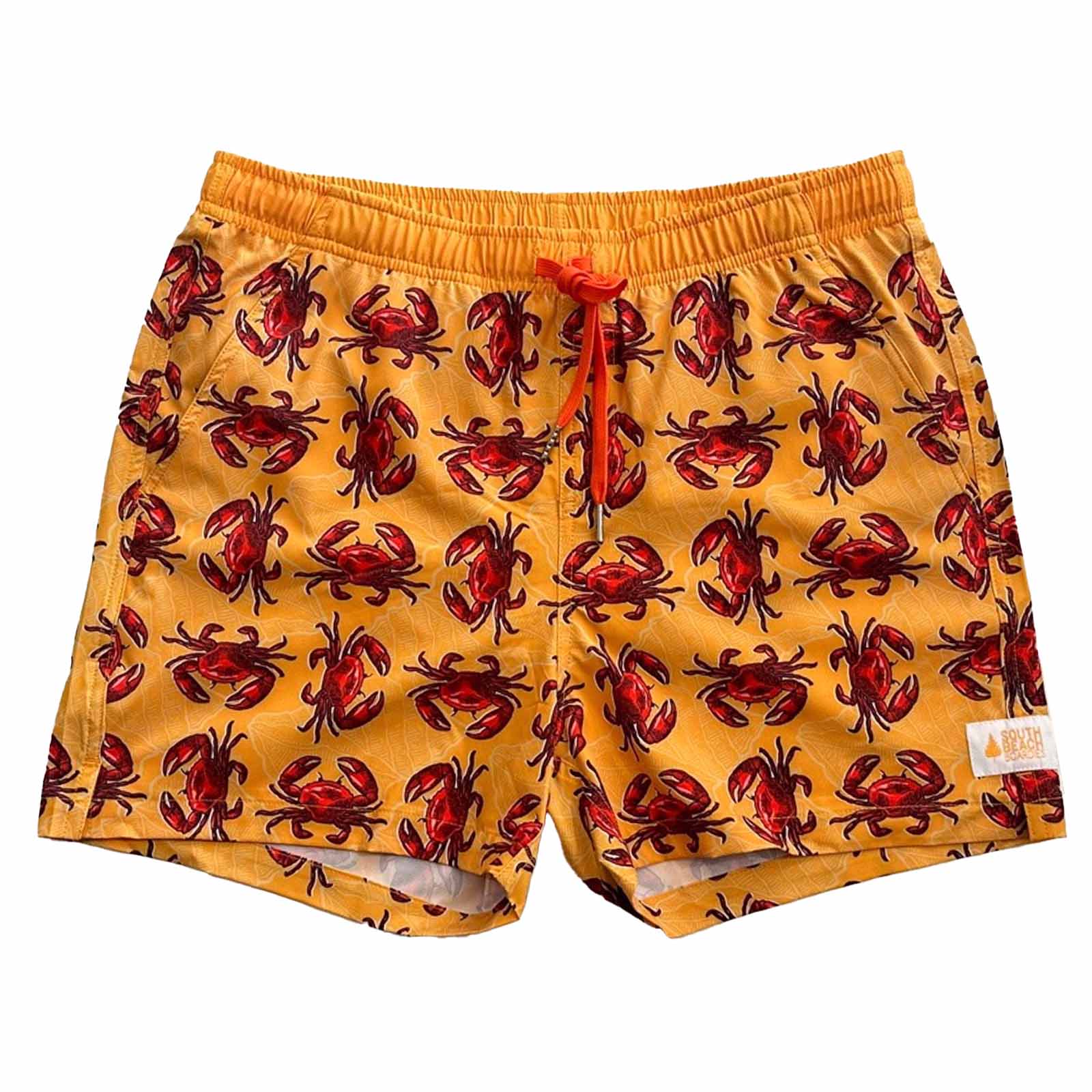 South Beach Boardies Men's Stretchy Trunks made from recycled plastic bottles, Red Crabs print, front view