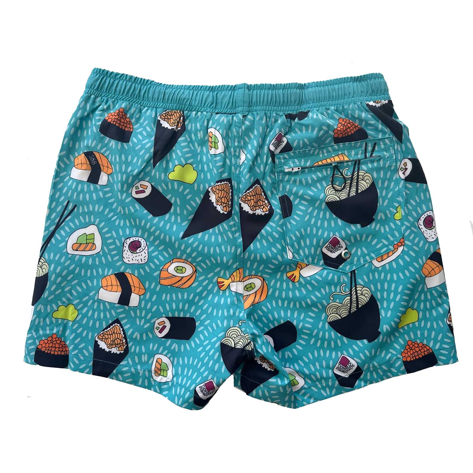 South Beach Boardies Men's Stretchy Trunks made from recycled plastic bottles, Sushi Sushi print, front view