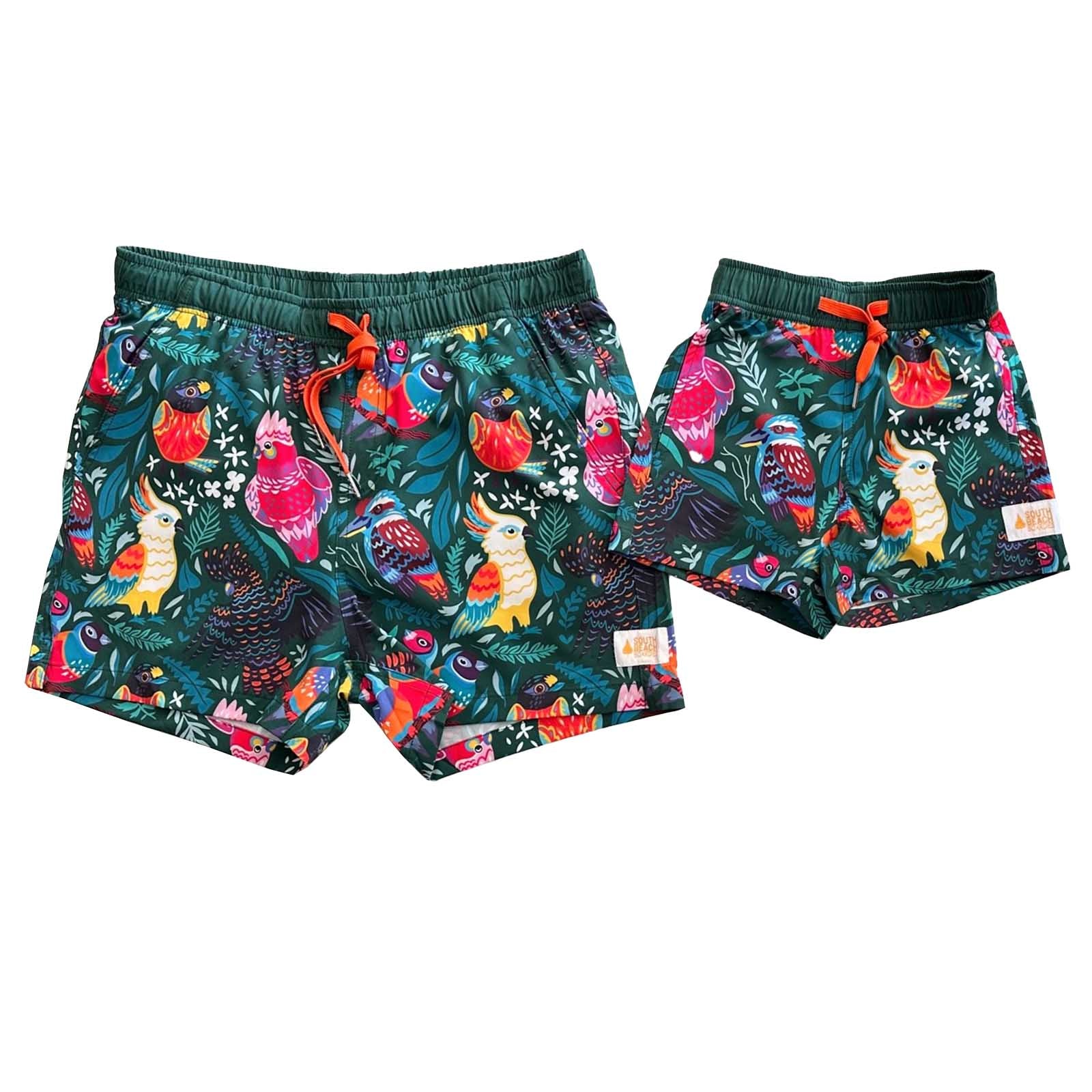 South Beach Boardies Men's and Kids Stretchy Trunks made from recycled plastic bottles, Aussie birds print, matching Dads and kids
