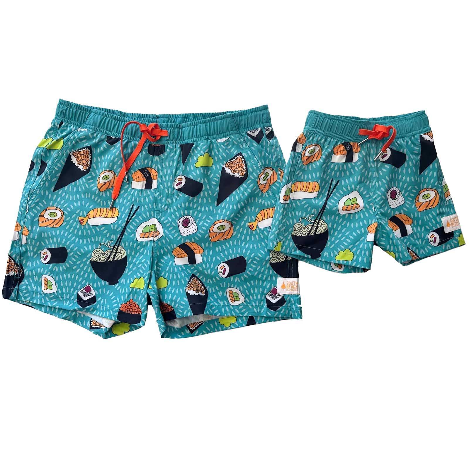 South Beach Boardies Men's and Kids Stretchy Trunks made from recycled plastic bottles, Sushi Sushi print, matching Dads and kids
