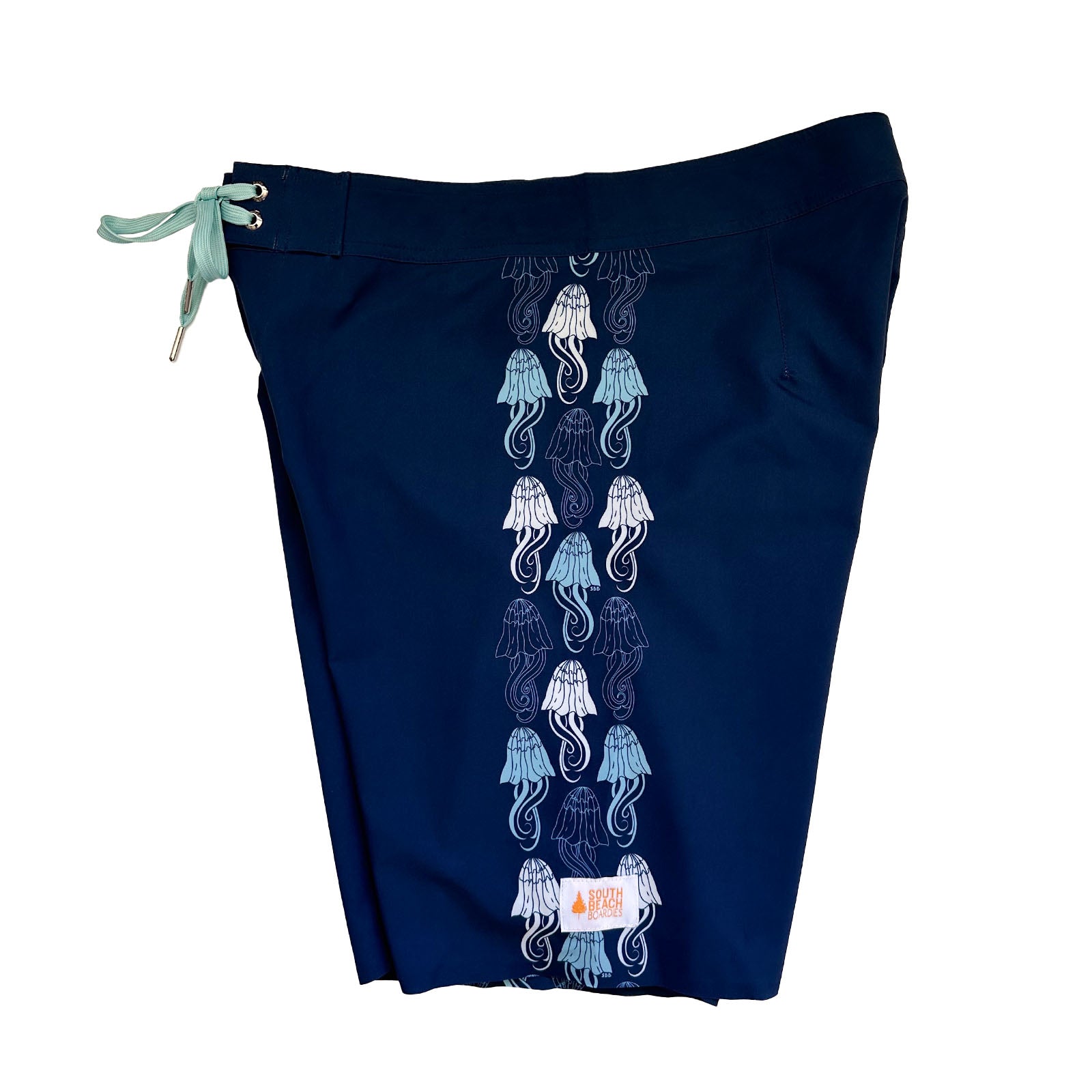 South Beach Boardies Mens Performance boardies made from recycled plastic botles, Jellyfish print, side leg view