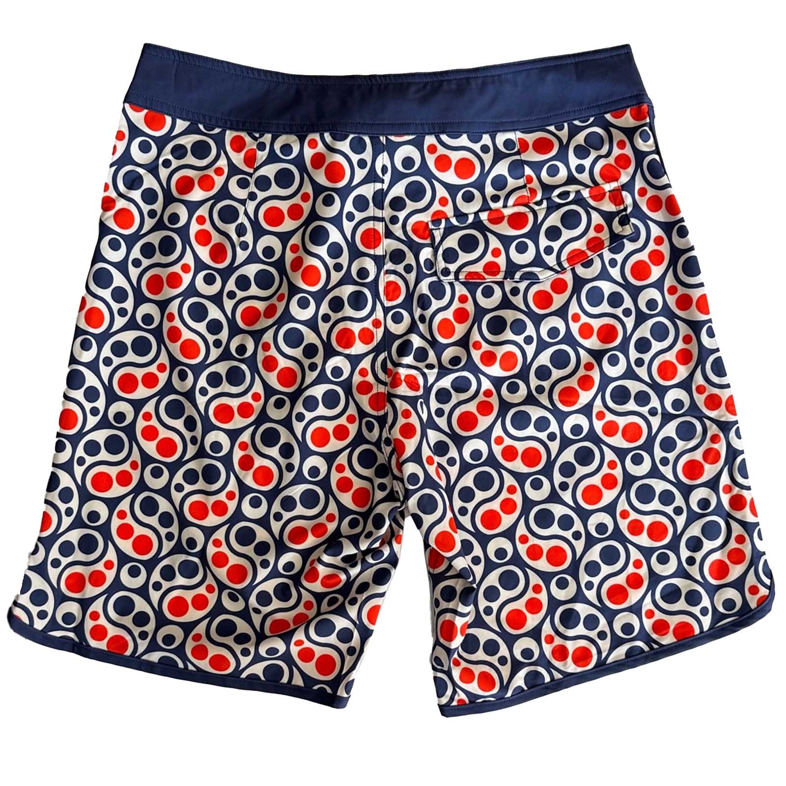 South Beach Boardies Mens Retro Piping boardies made from recycled plastic bottles, Yin Yang print, back view