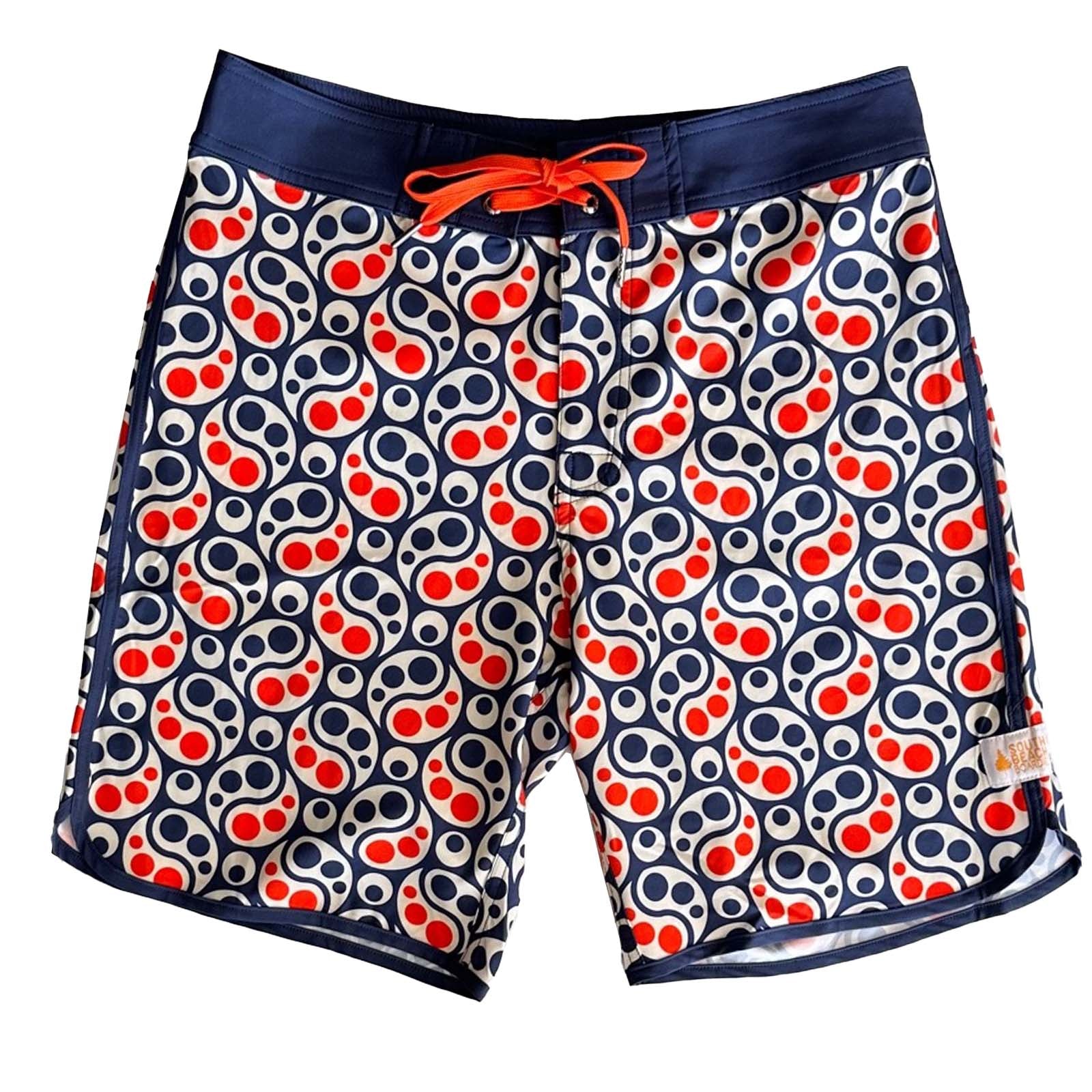 South Beach Boardies Mens Retro Piping boardies made from recycled plastic bottles, Yin Yang print, front view copy