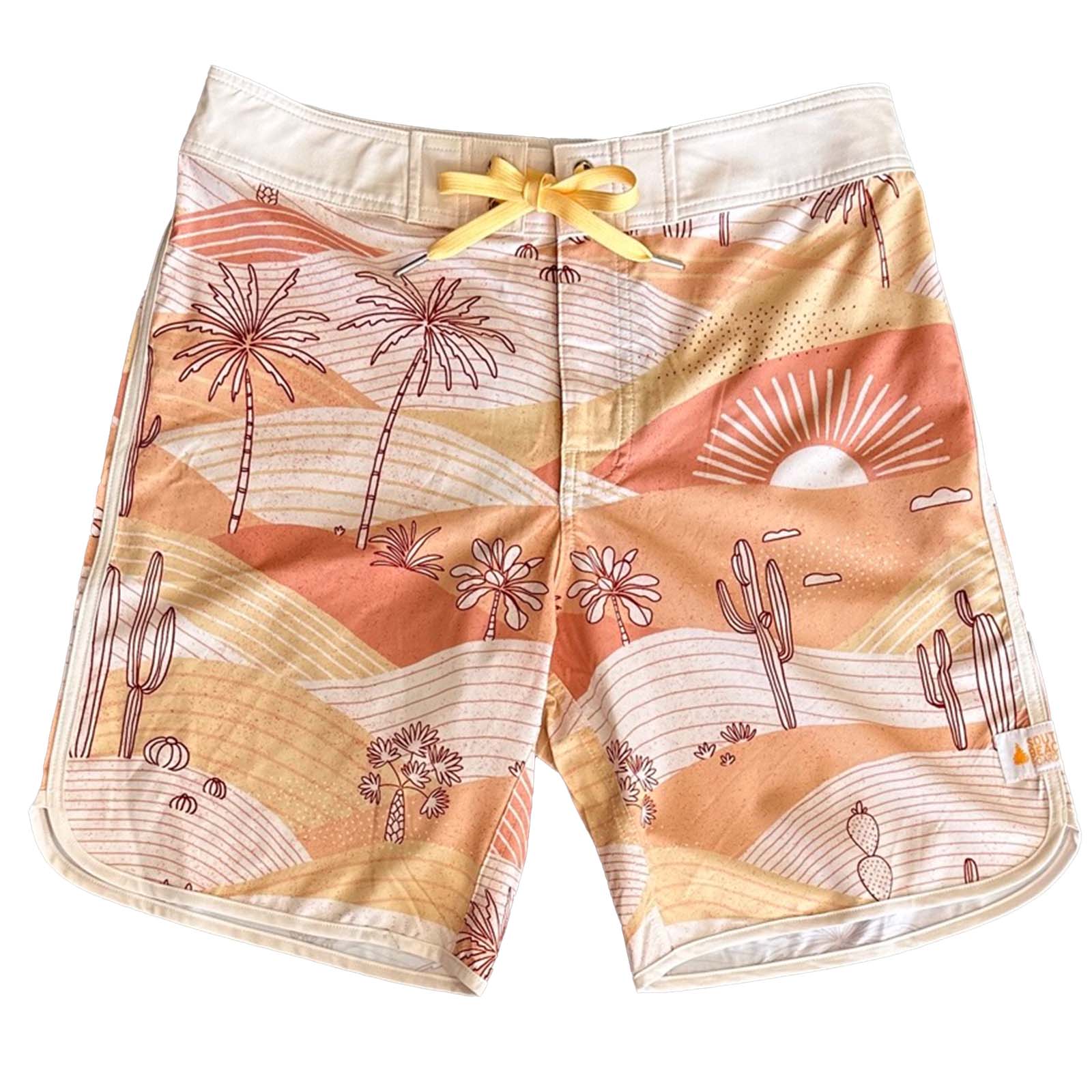 South Beach Boardies Mens Retro Piping boardies made from recycled plastic bottles, Cactus print, front view