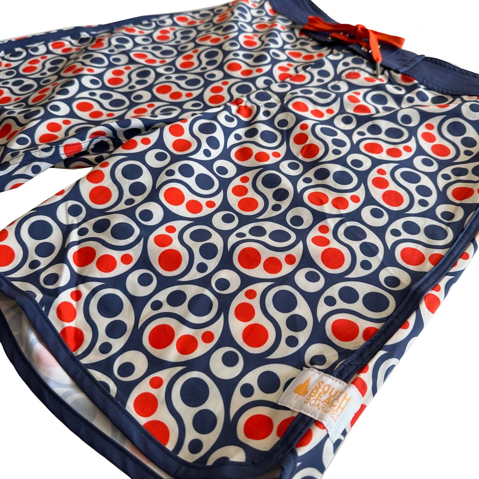 South Beach Boardies Mens Retro Piping boardies made from recycled plastic bottles, Yin Yang print, leg close up