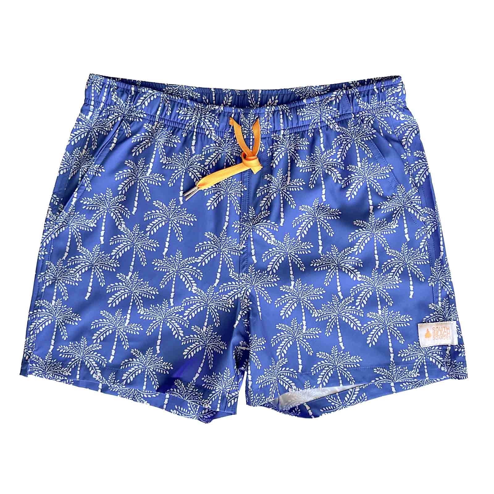 South Beach Boardies Mens Stretchy Trunks made from recycled plastic bottles, Palmageddon v2 print, front copy.