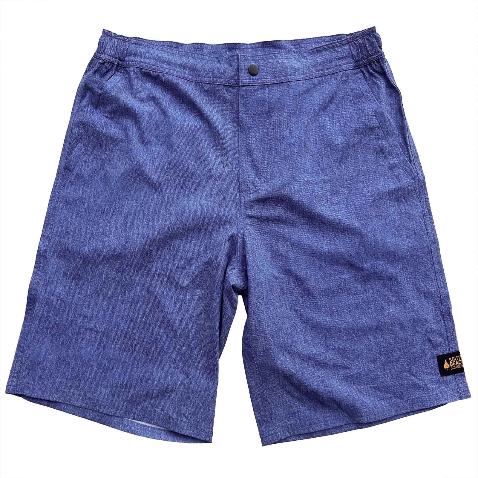 South Beach Boardies Mens Surf Jorts Mid Blue denim made from recycled plastic bottles front view