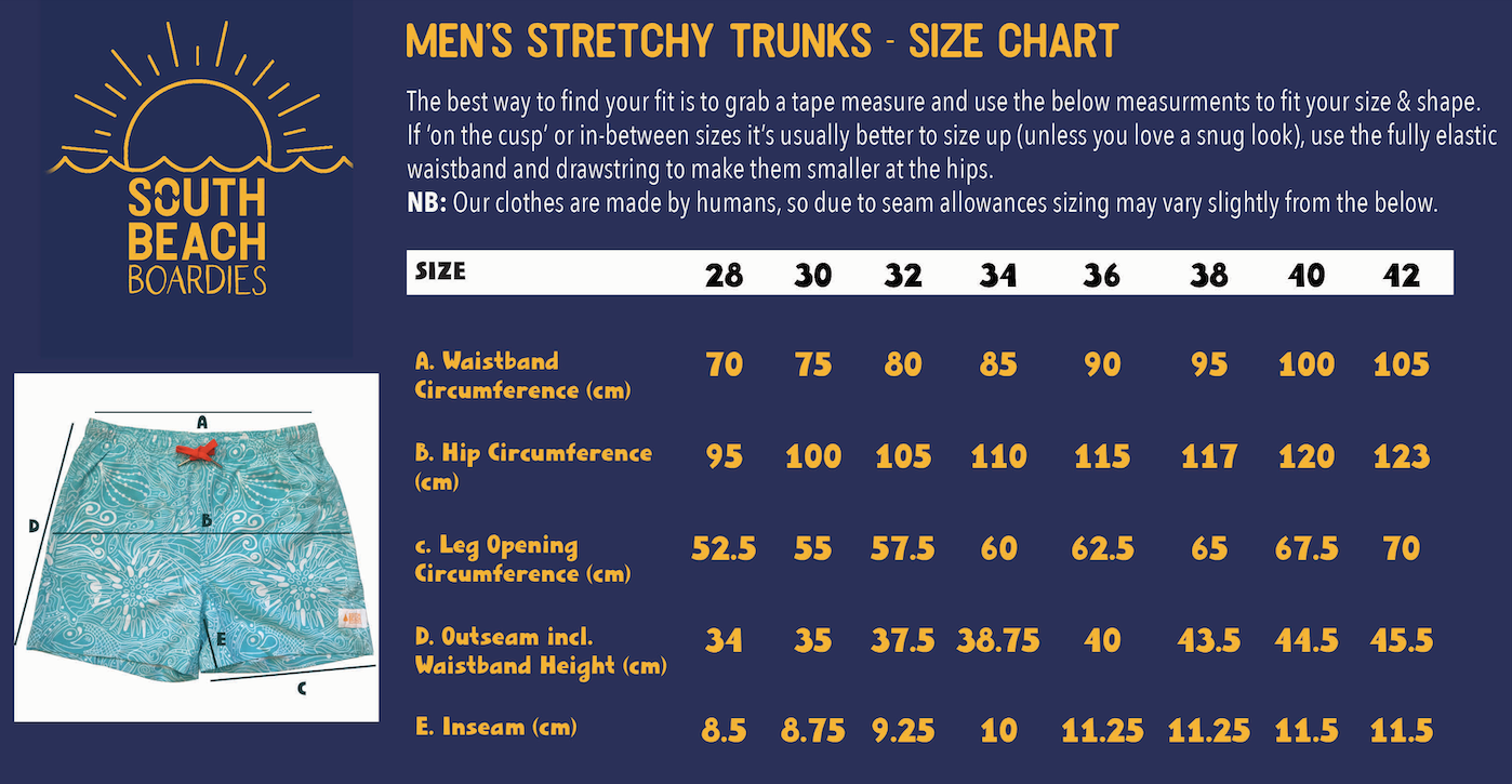 South Beach Boardies Size Chart Men's Stretchy Trunks made from Recycled Plastic Bottles