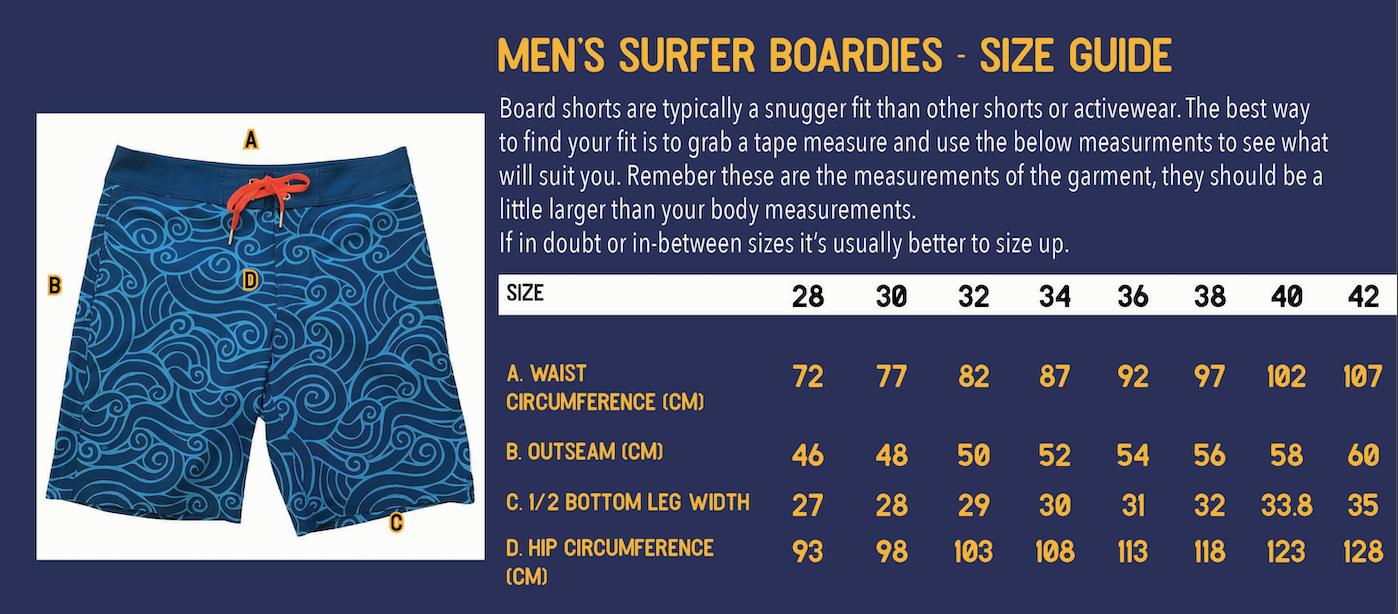 South Beach Boardies Size Chart Men's Surfer Boardies, made from Recycled Plastic Bottles