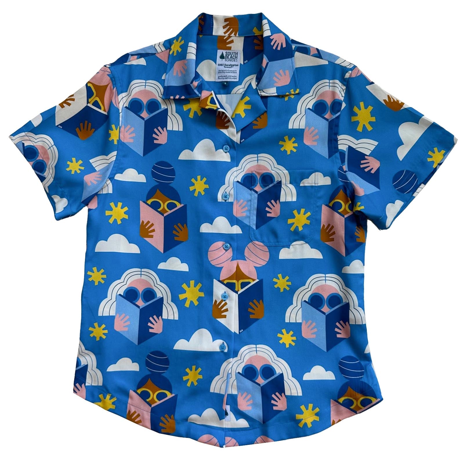 South Beach Boardies Women's Eucalyptus Tencel Cubano shirt in Beach Reads print, front view