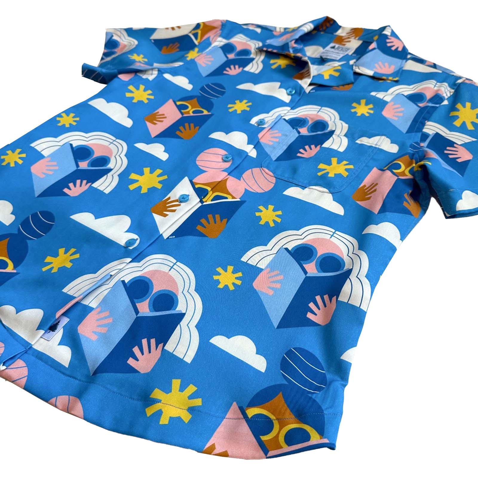 South Beach Boardies Women's Eucalyptus Tencel Cubano shirt in Beach Reads, side angle view