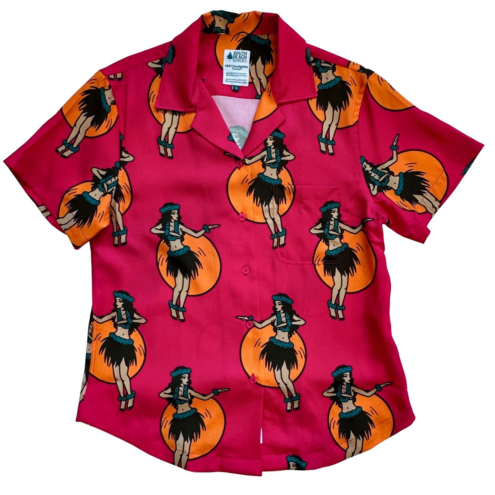 South Beach Boardies Women's Eucalyptus Tencel Cubano shirt in Hula print, front view