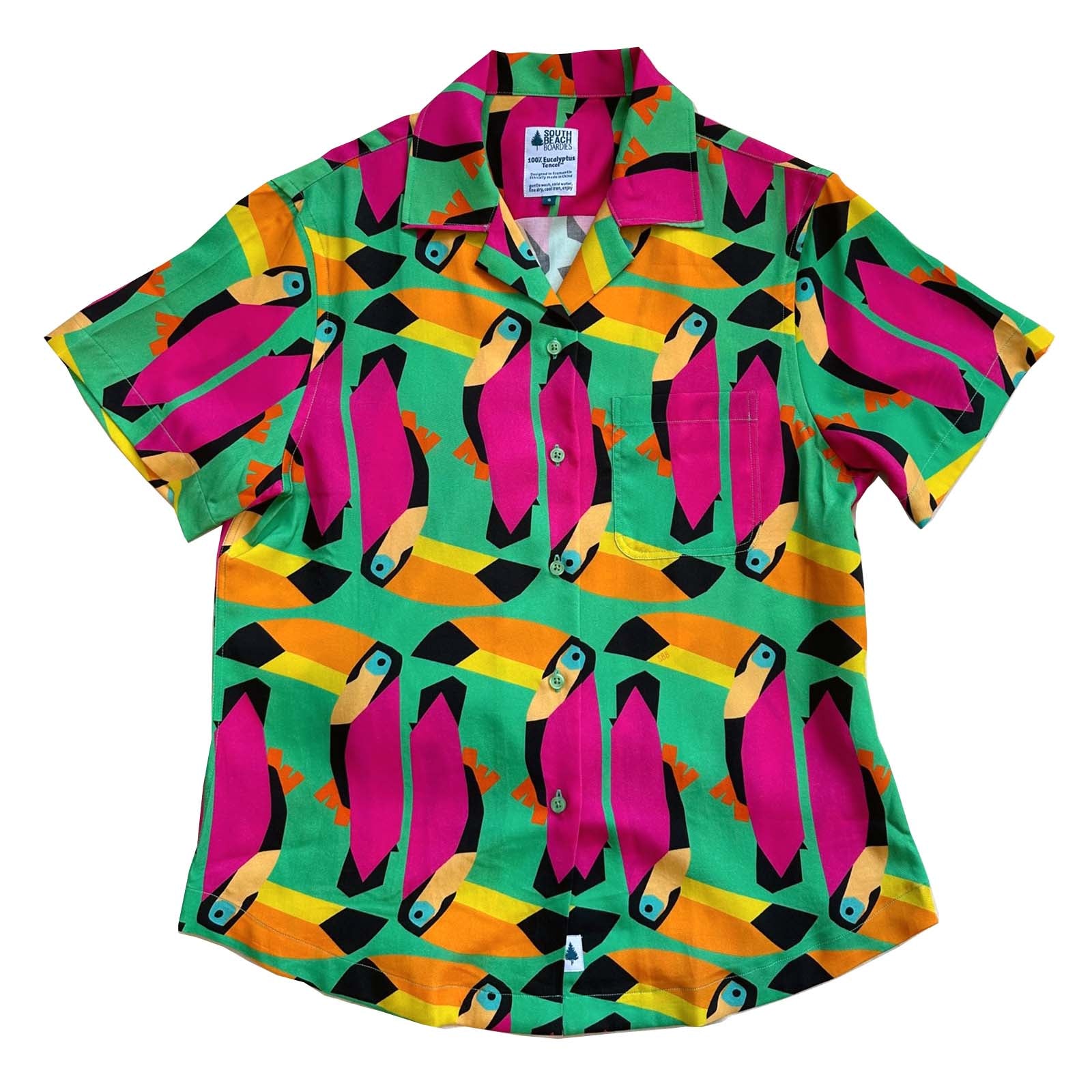 South Beach Boardies Women's Eucalyptus Tencel Cubano shirt in Toucan print, front view