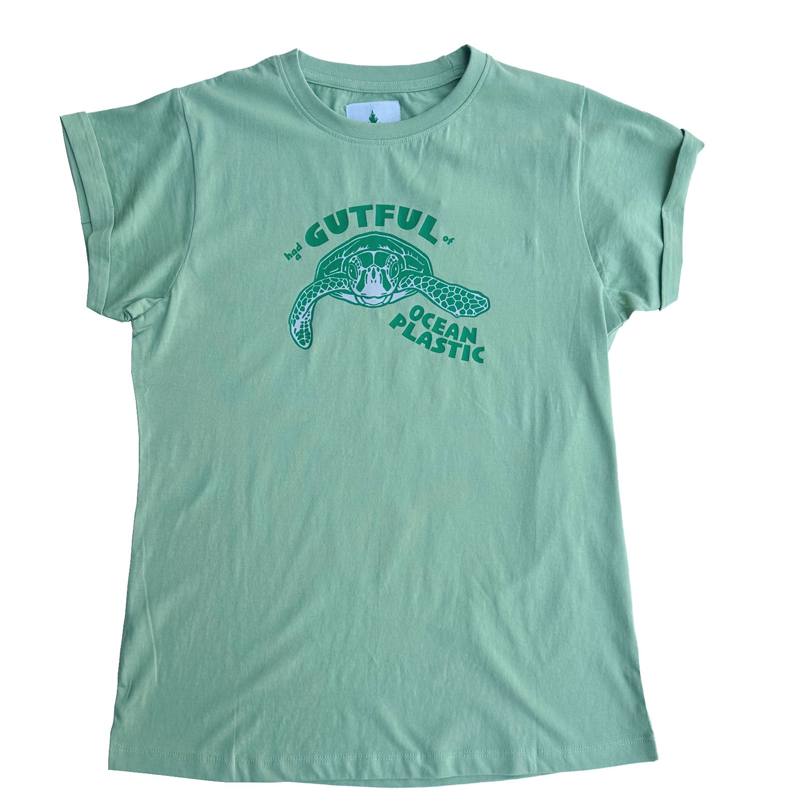 South Beach Boardies Women's Organic Cotton T-shirt in Turtle Had a Gutful of Ocean Plastic print, front view