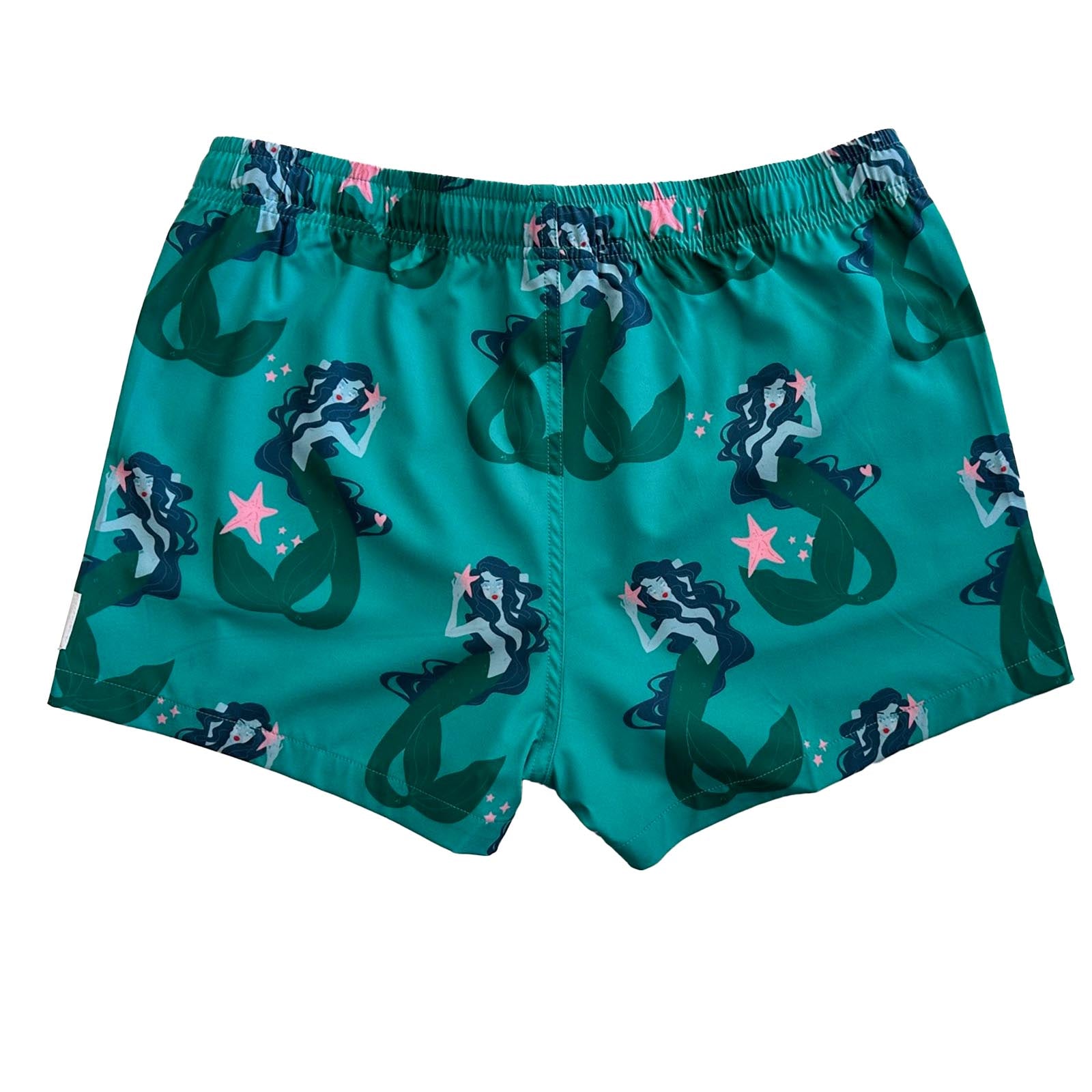 South Beach Boardies Women's Stretchy Shorts in Mermaid, made from recycled plastic bottles, back view