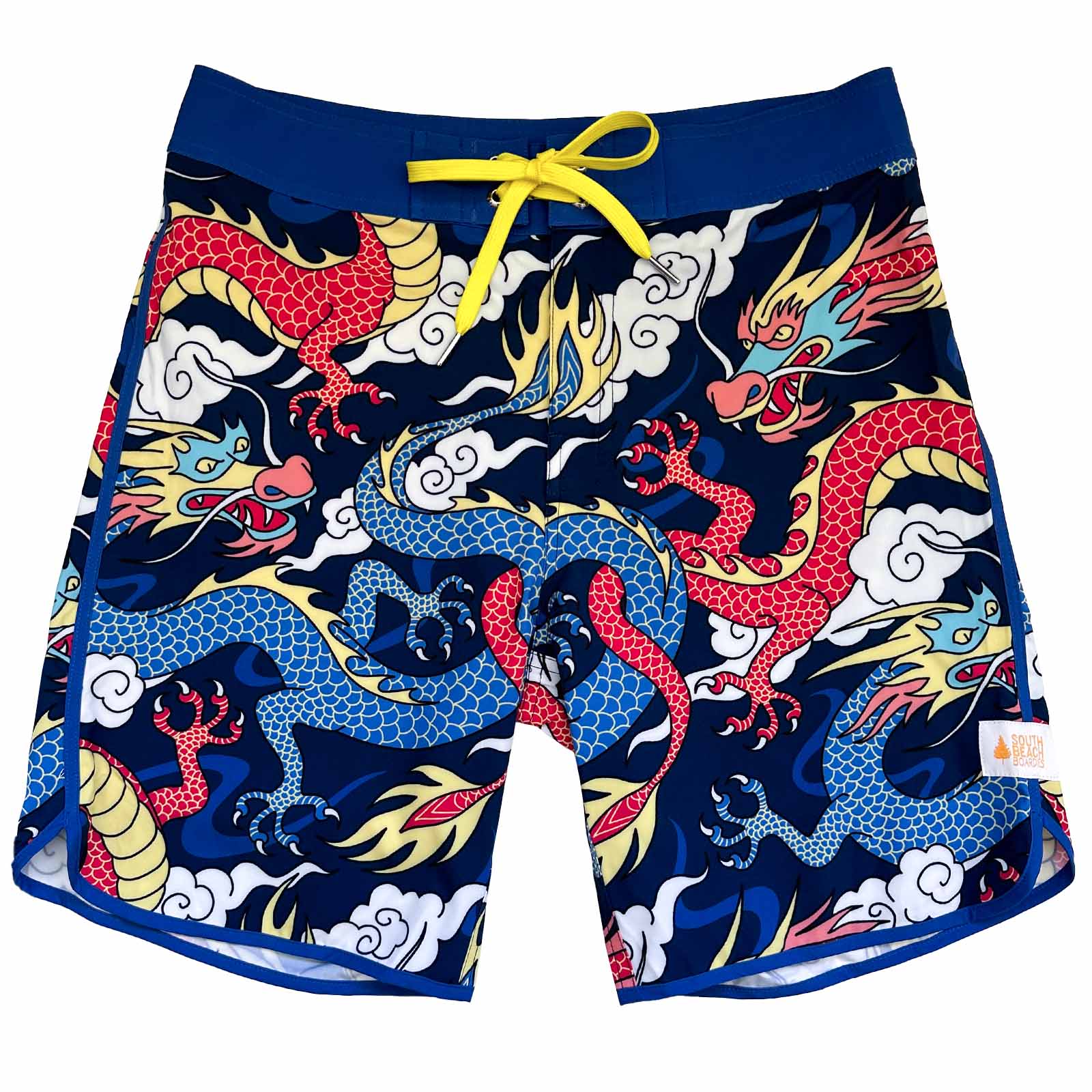 South Beach Boardies made from Recycled Plastic Bottles Mens Retro Piping boardies made from recycled plastic botles, Year of the Dragon print, front view.psd