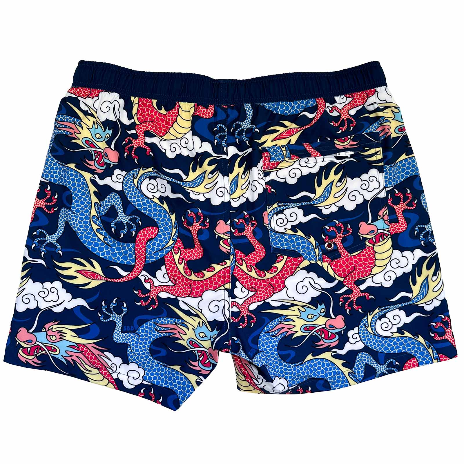 South Beach Boardies made from Recycled Plastic Bottles Mens Stretchy Trunks made from recycled plastic botles, Year of the Dragon print, back view