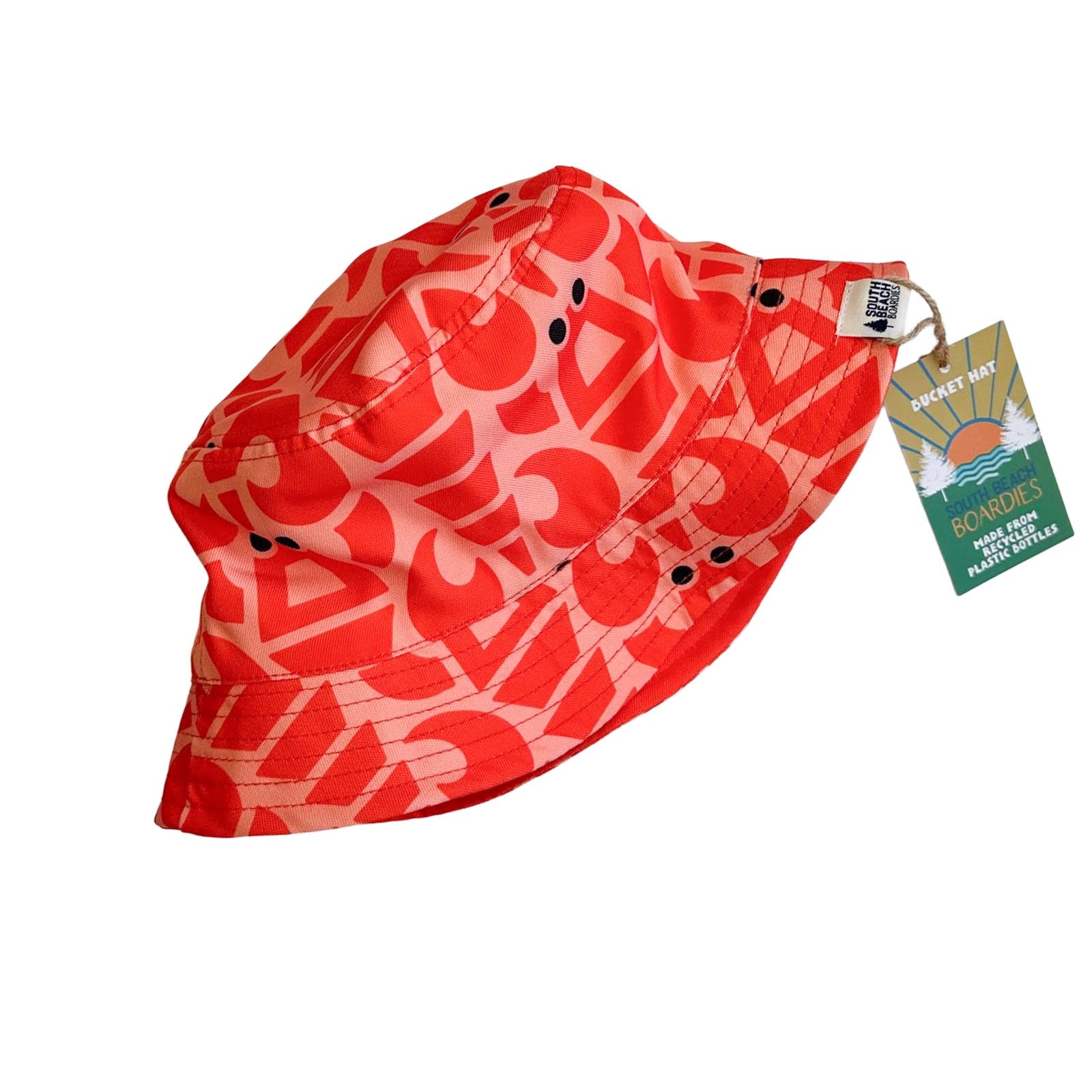 South Beach Boardies reversible bucket hat from recycled plastic bottles, solid print side, Big Red Lobster hat