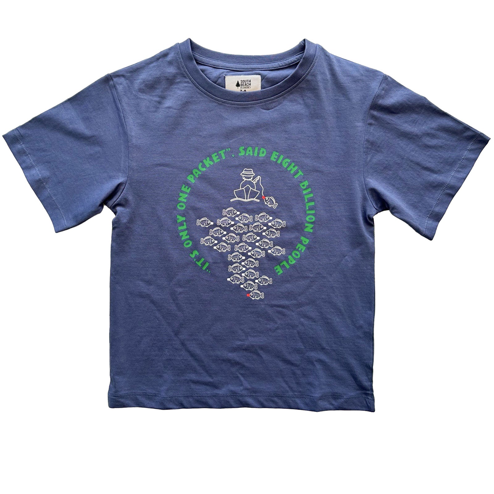 South Beach Boardies sustainable kids t-shirt ethically made, sunset, Soya Sauce plastic fish design copy, Blue shirt background