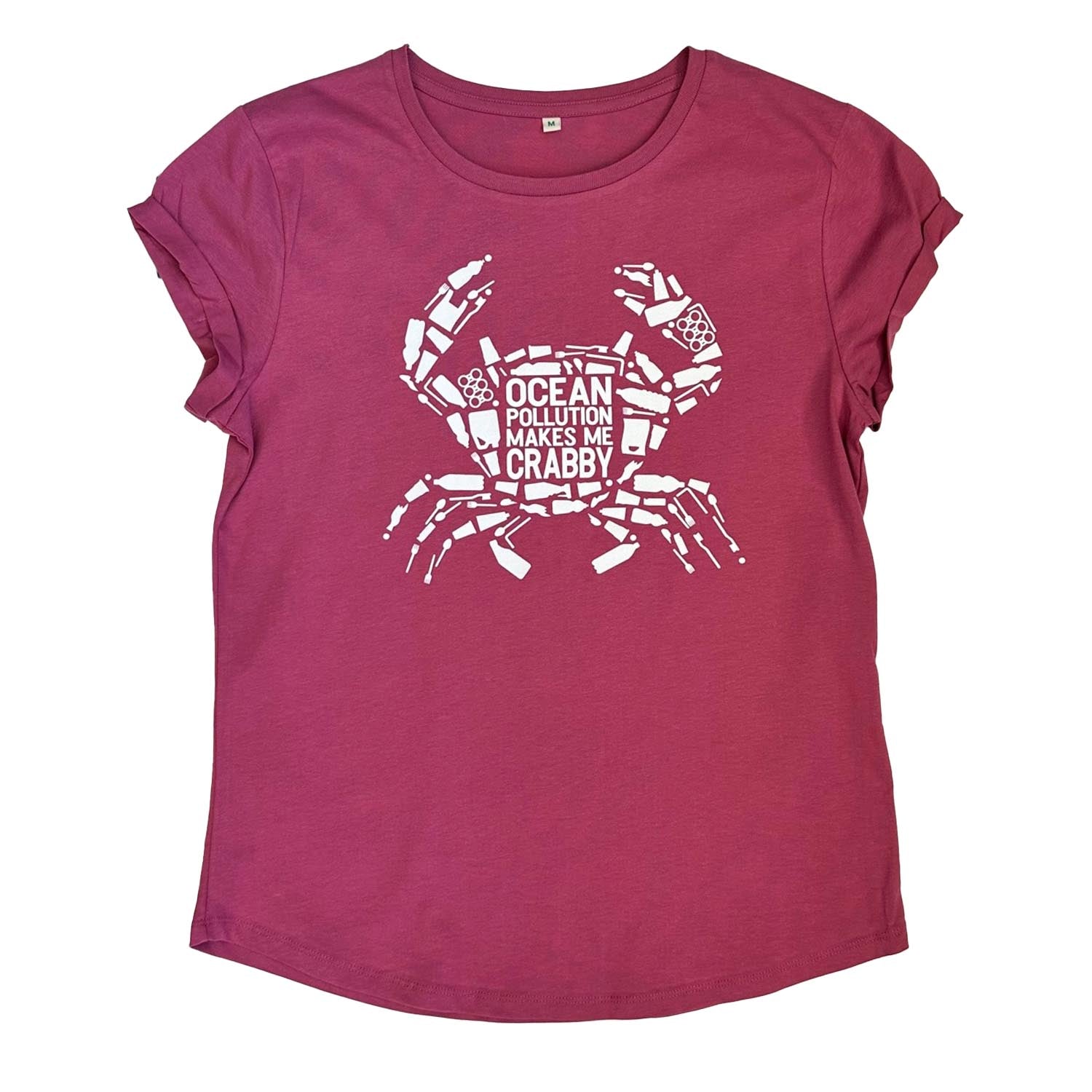 South Beach Boardies women's berry colour crabby organic cotton tshirt front, by South Beach Boardies,