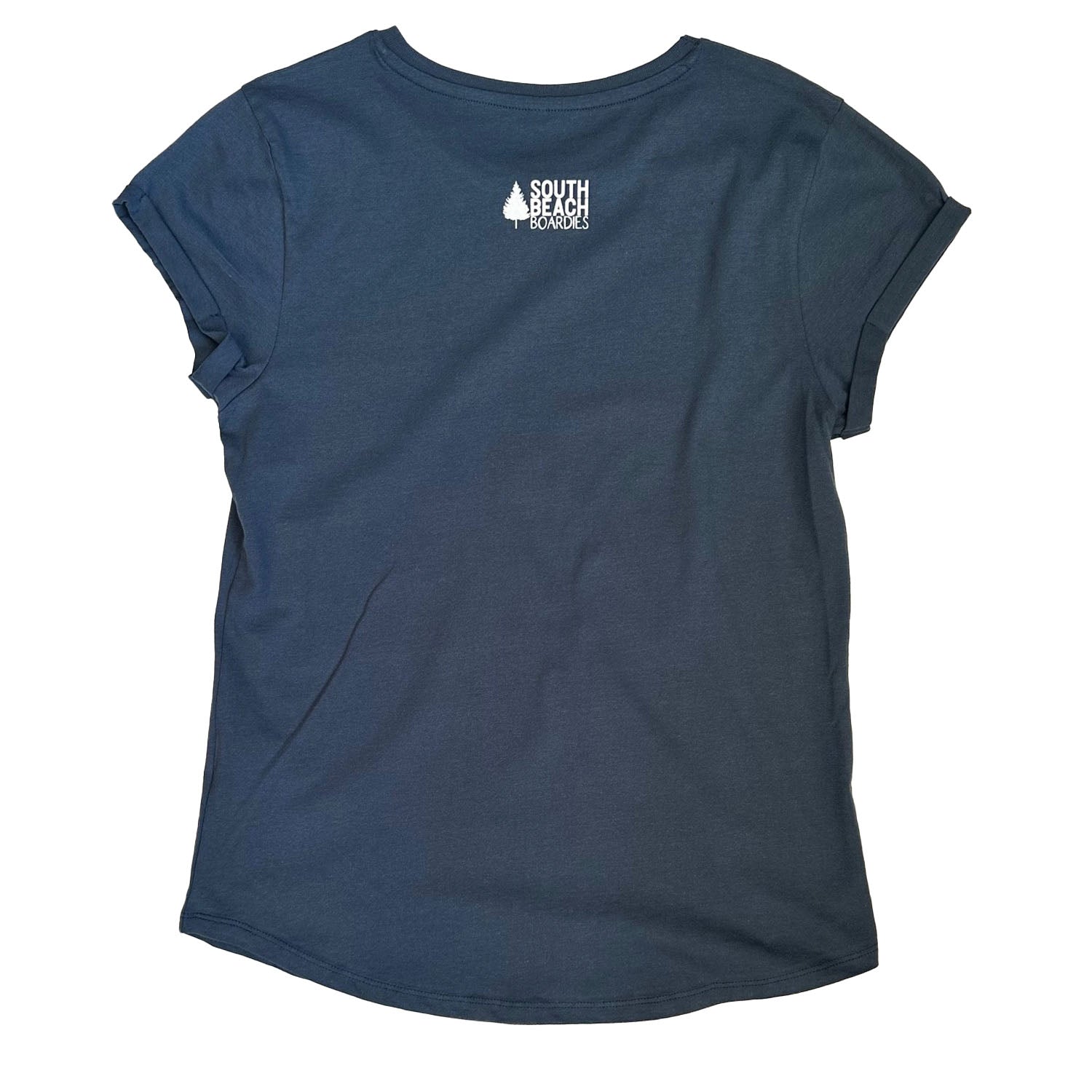 South Beach Boardies women's denim blue colour fish plastic free seas organic cotton tshirt back
