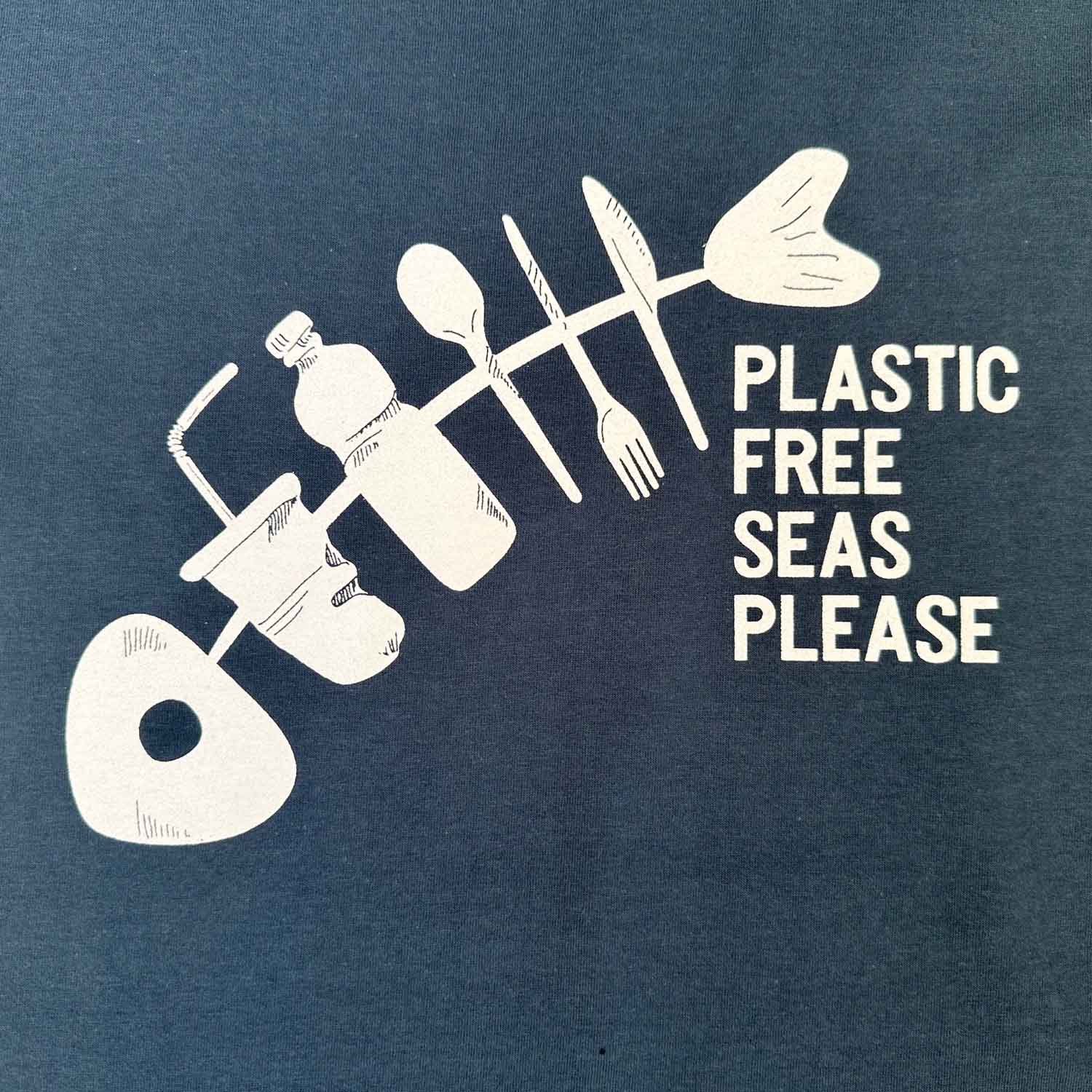 South Beach Boardies women's denim blue colour fish plastic free seas organic cotton tshirt front close up