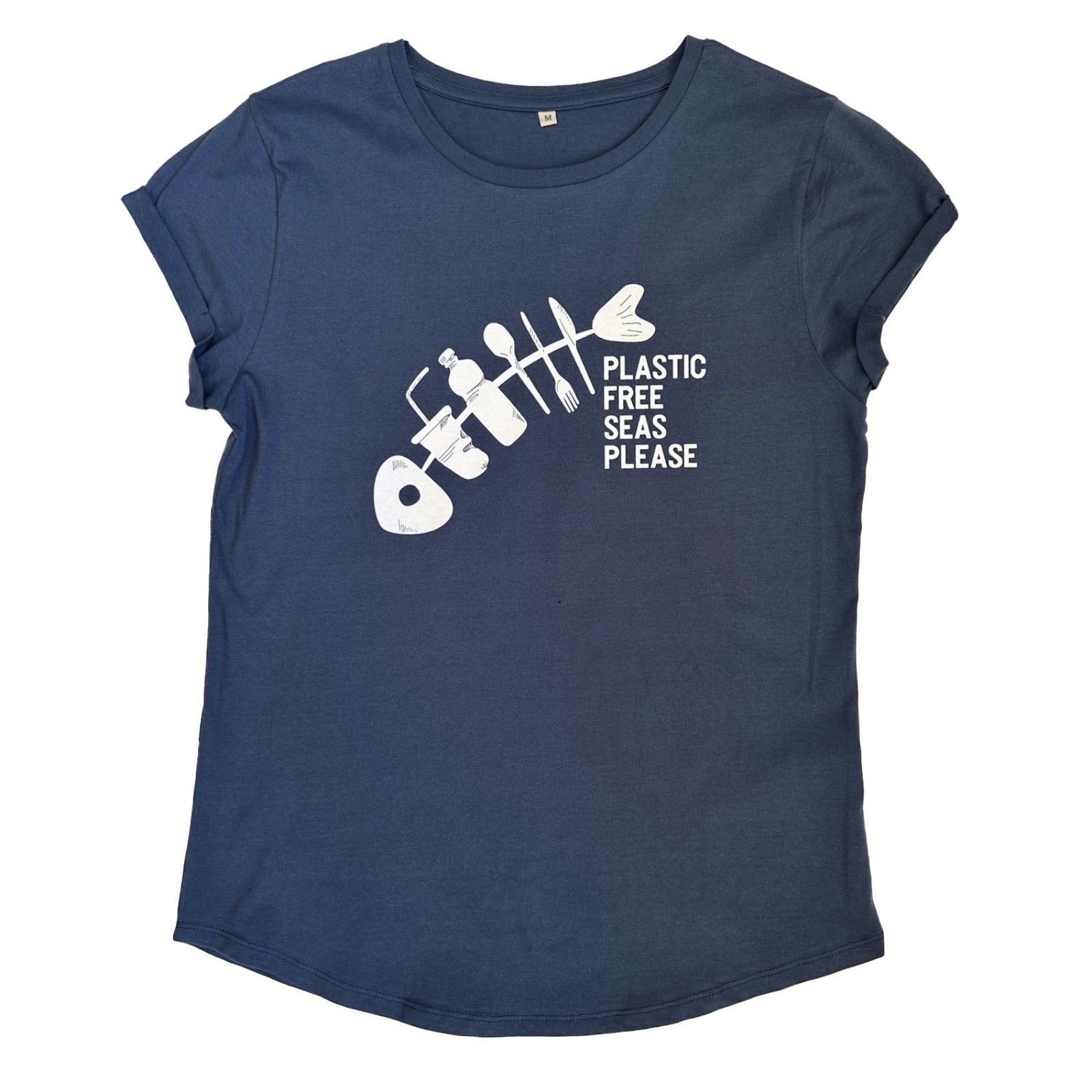 South Beach Boardies women's denim blue colour fish plastic free seas organic cotton tshirt front