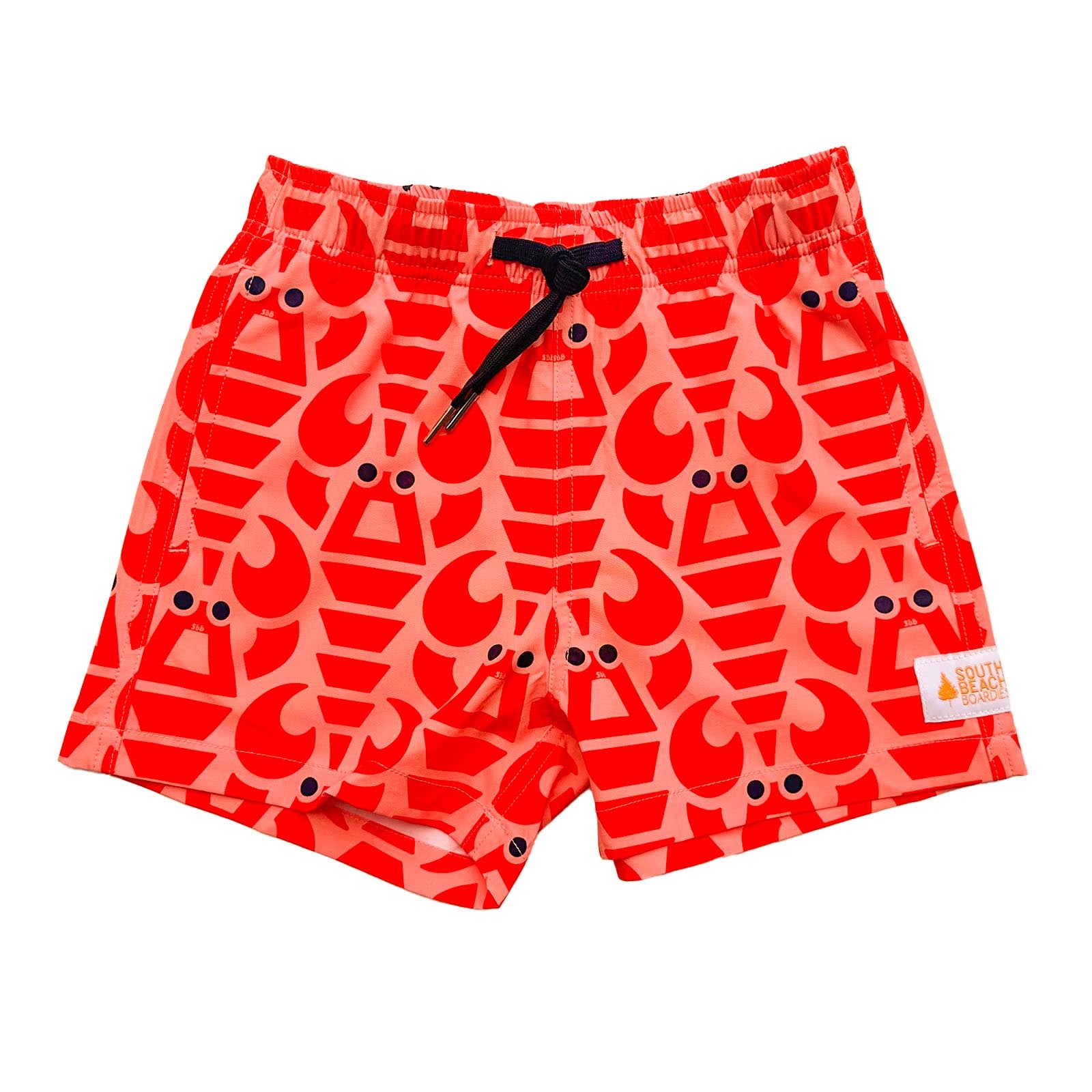 South Beach Boardies Kids Stretchy Trunks made from recycled plastic bottles, Big Red Lobster front view