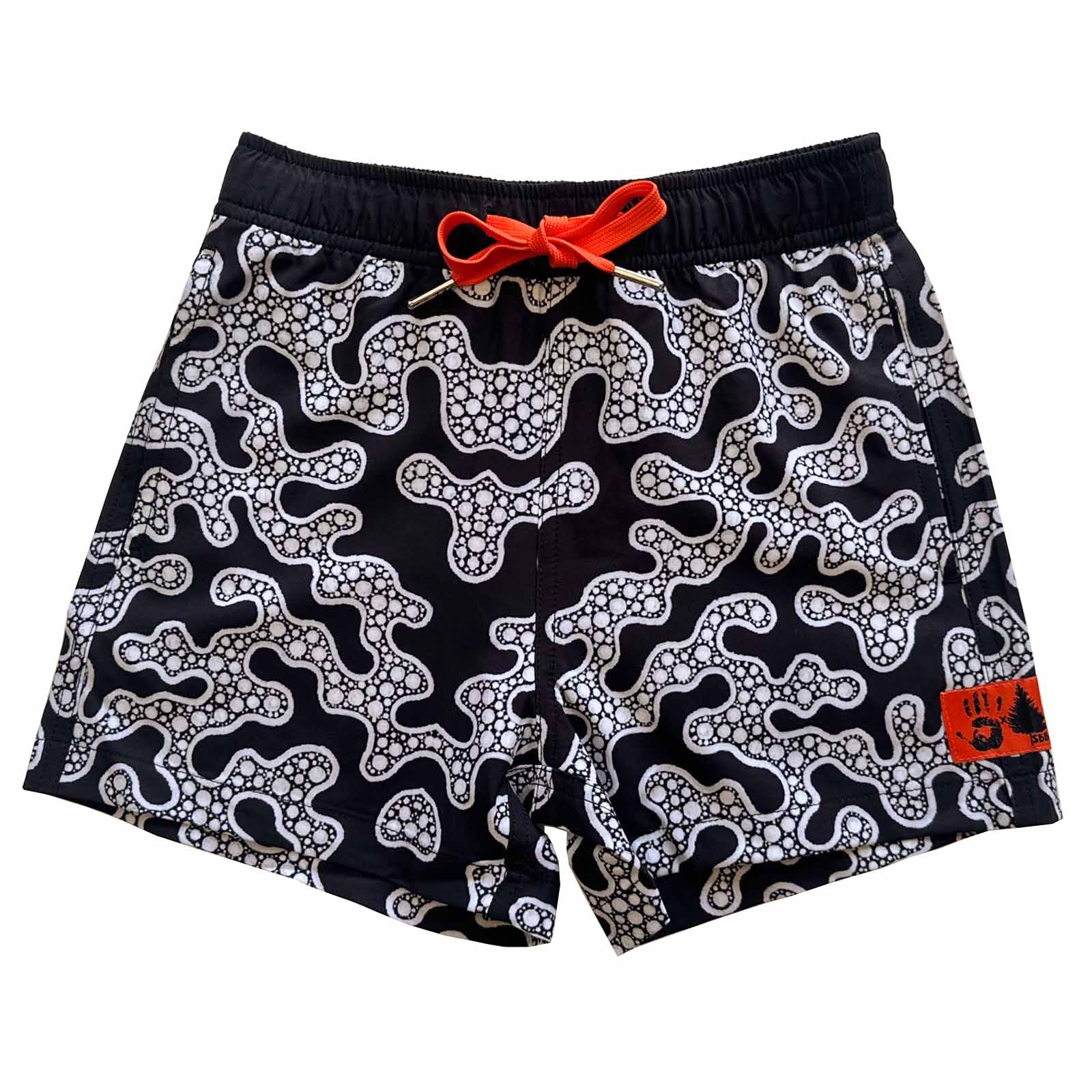 South Beach Boardies Kids's Stretchy Trunks made from recycled plastic bottles, Yanu Winja Yungurra CReations collaboration print front
